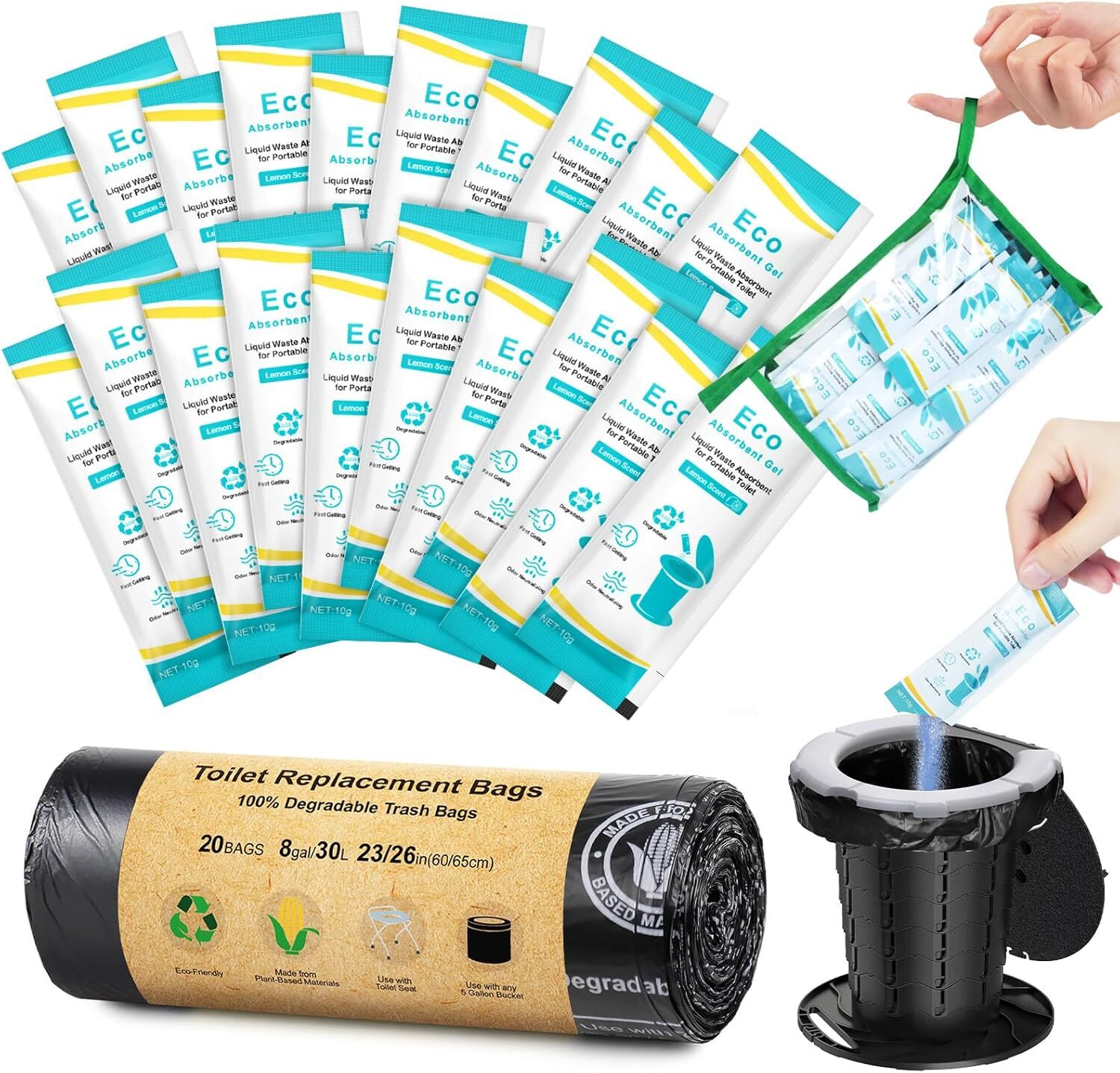 20Count Camping Toilet Bags Eco Absorbent Gel Set Toilet Bags with Toilet Powder
