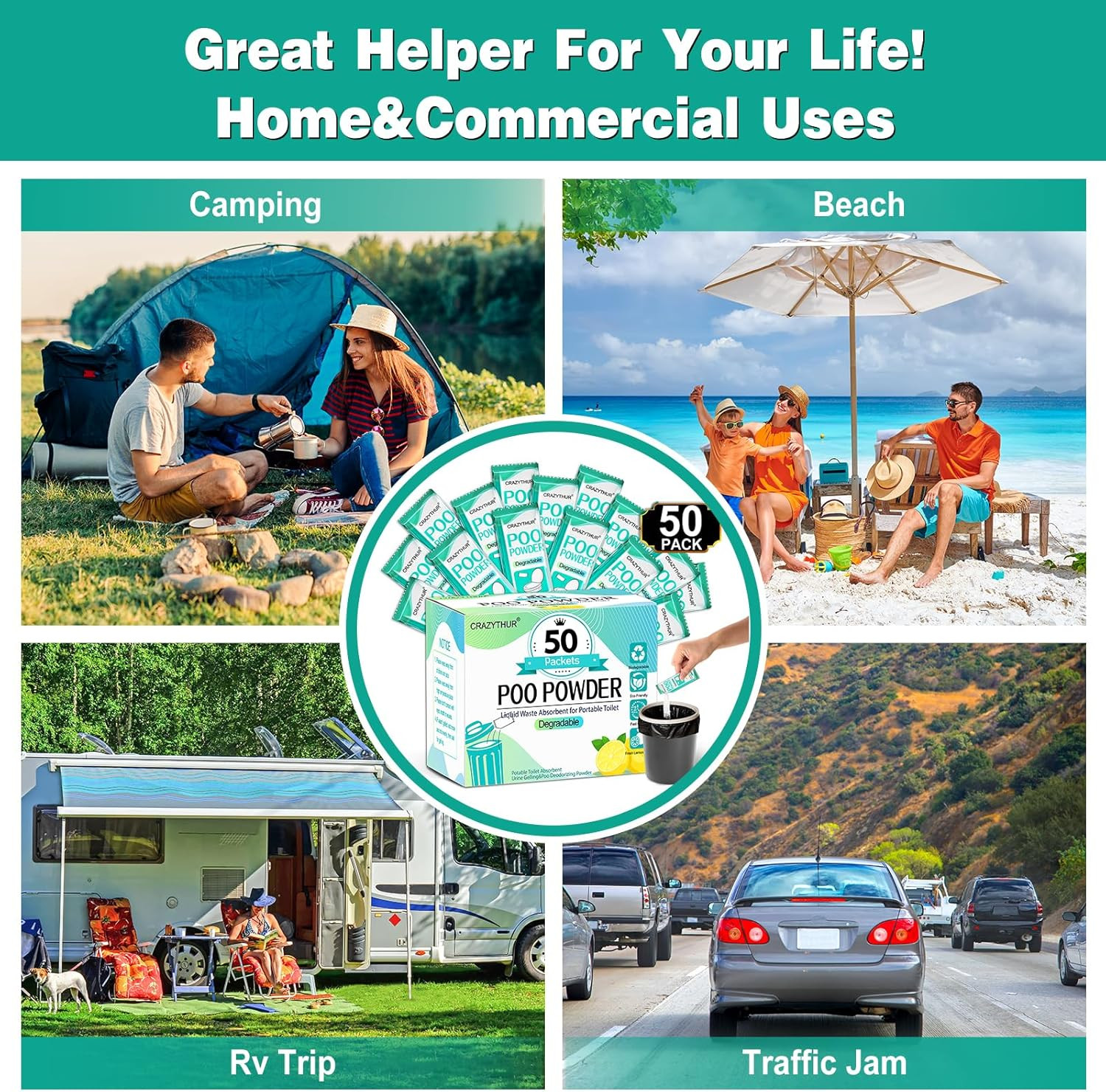 Eco-Friendly Portable Toilet Gel 50 Lemon-Scented Packets for Camping