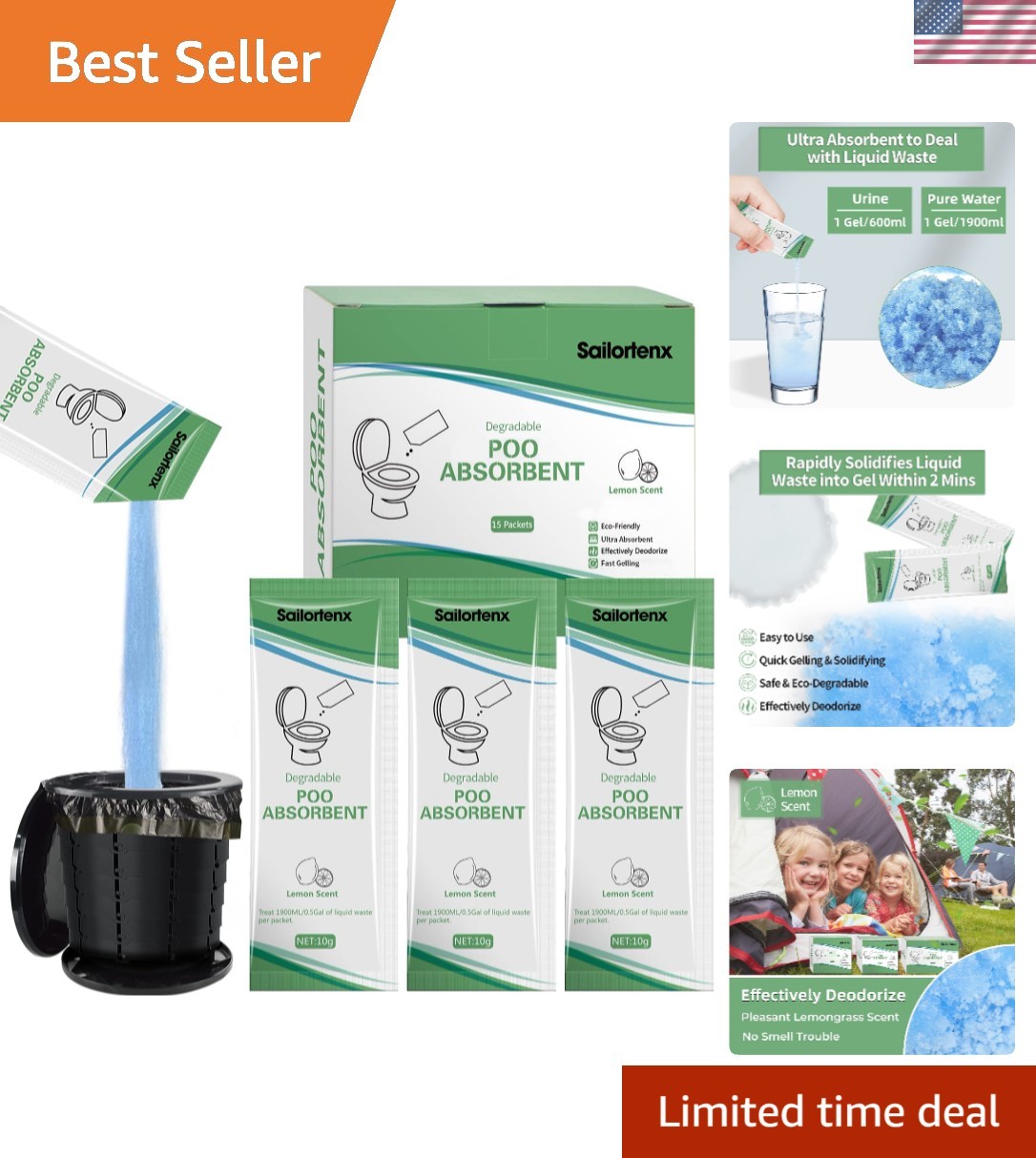 Eco-Friendly Poo Absorbent Gel for Portable Toilets – 15 Lemon Scent Packs