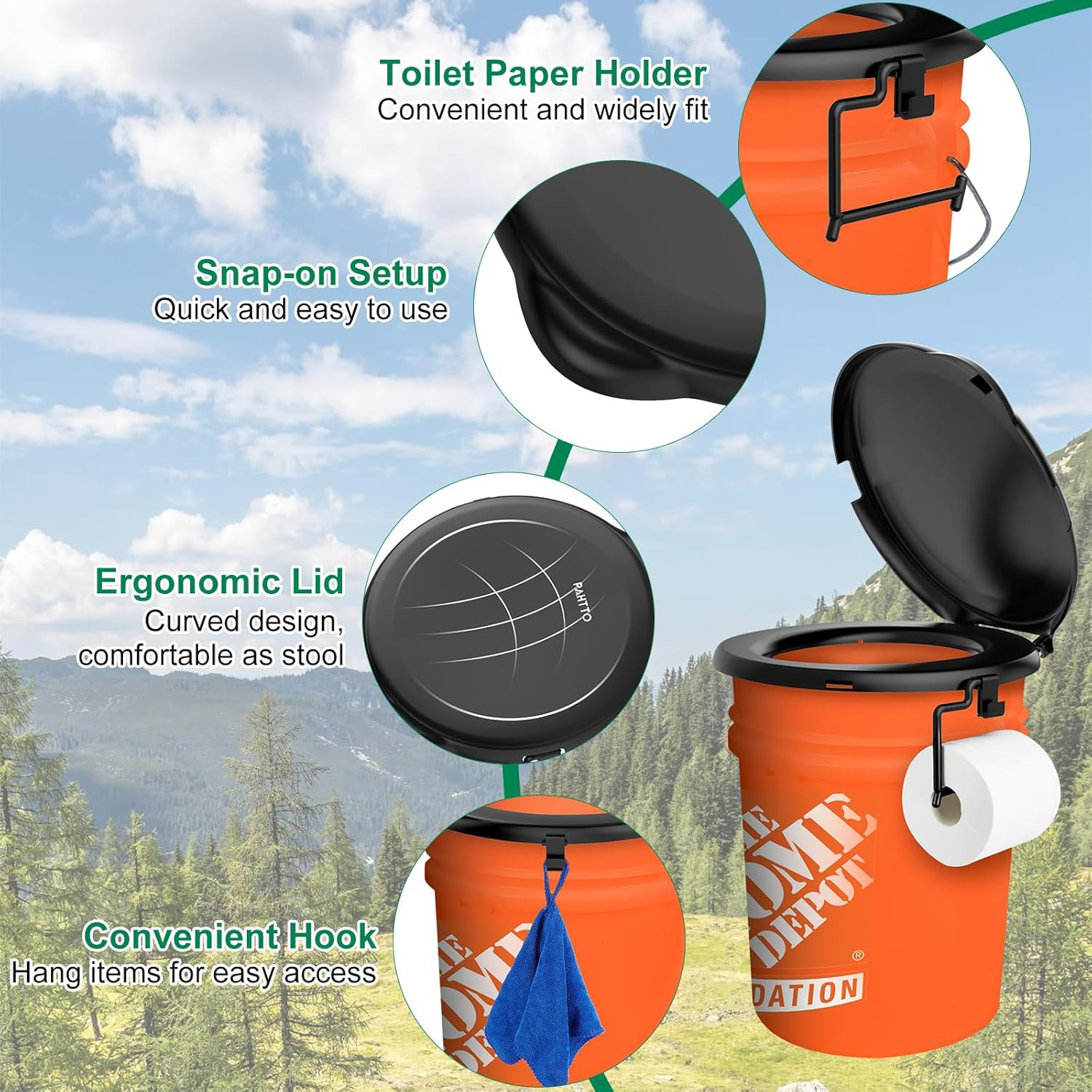 Portable Toilet Seat for 5 Gal Buckets, Camping Toilet with Lid