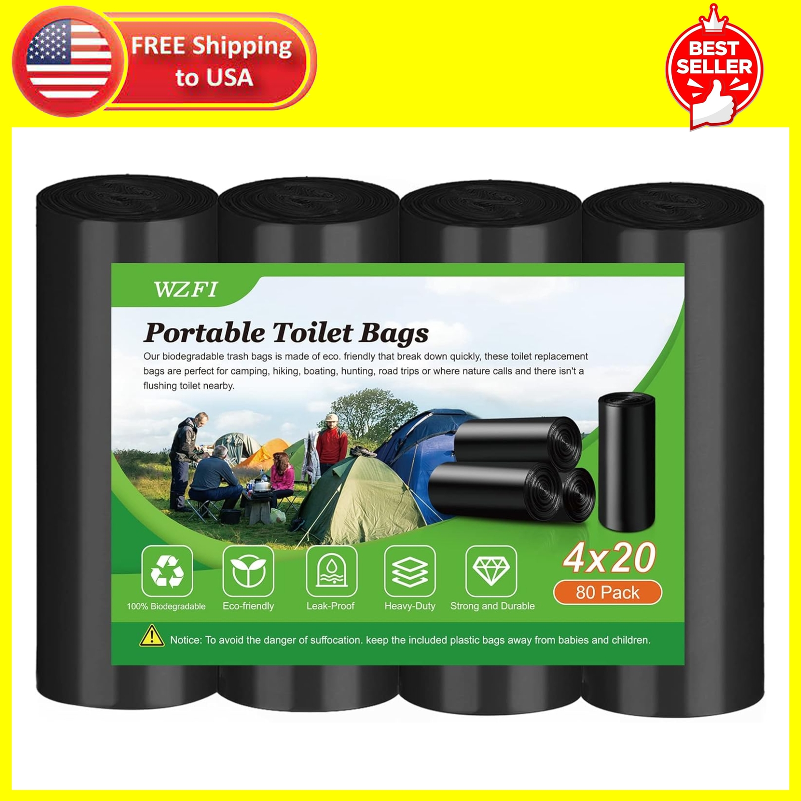 Portable Camping Toilet Bags 8 Gallon Super Thick Camping Leak Proof Trash Bags