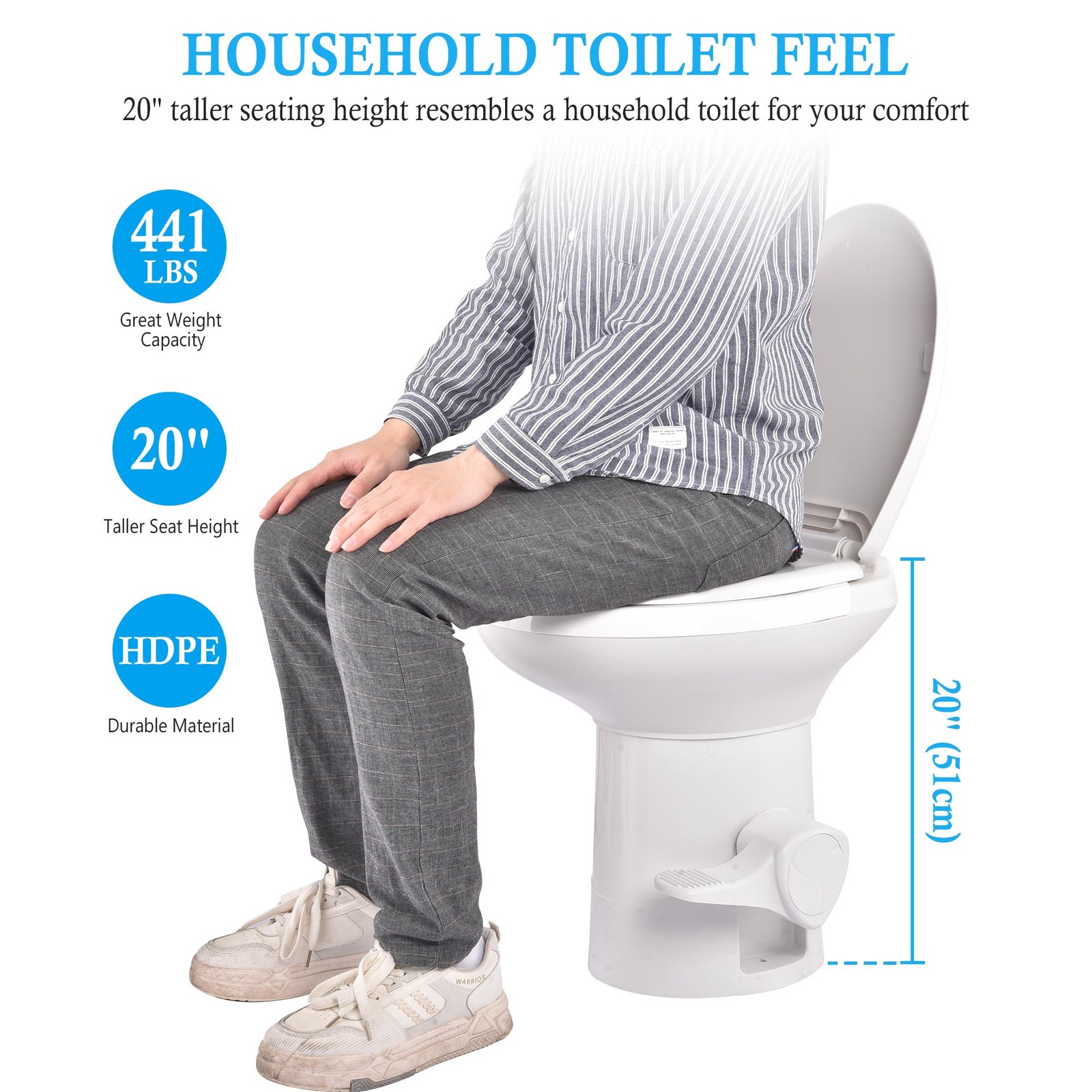 20″ Gravity Flush Toilet RV Camper Foot Pedal for Vehicle Boat Caraven Camping