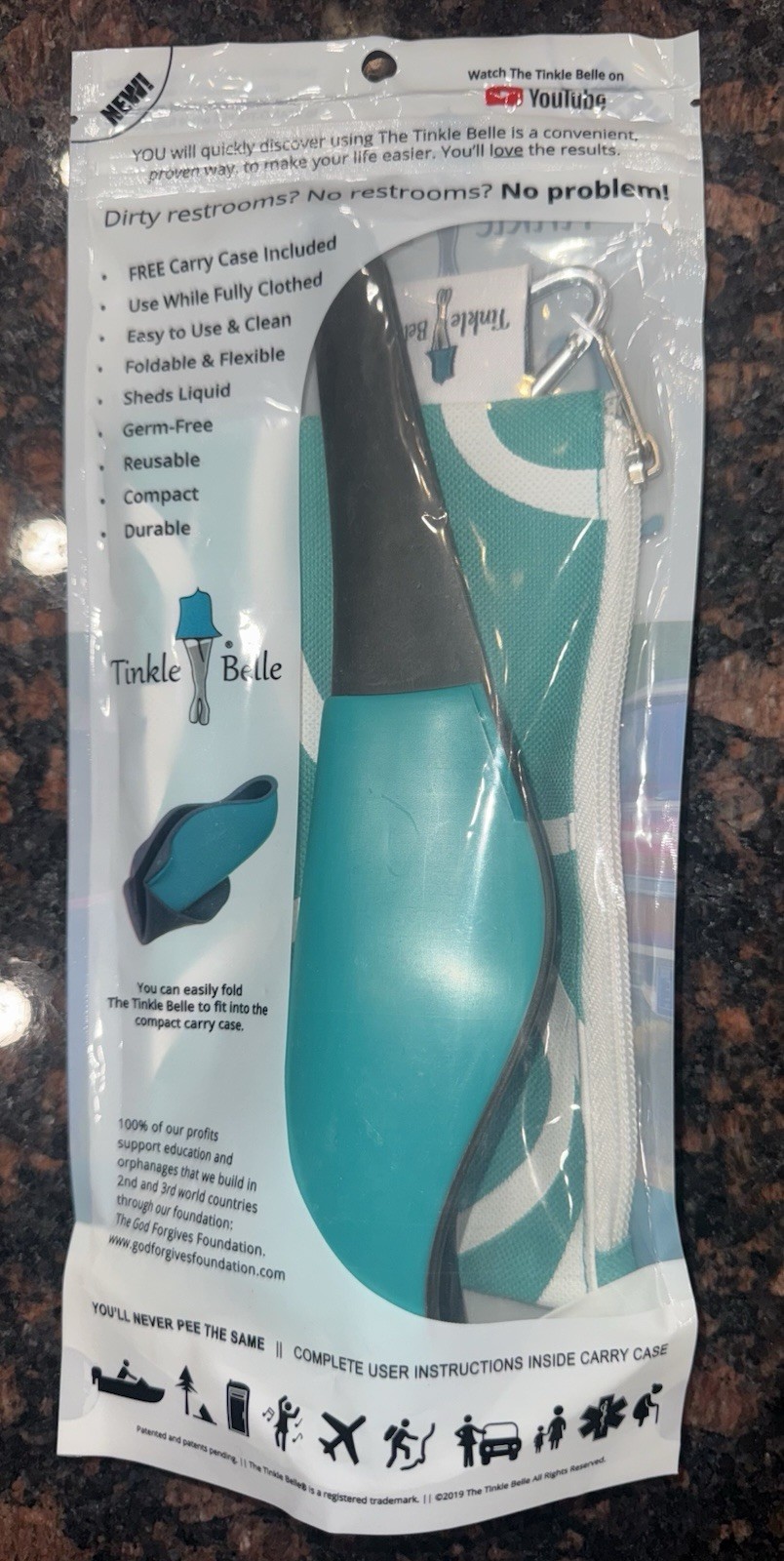 The Tinkle Belle Portable Female Urination Device, Teal and Grey with Case New