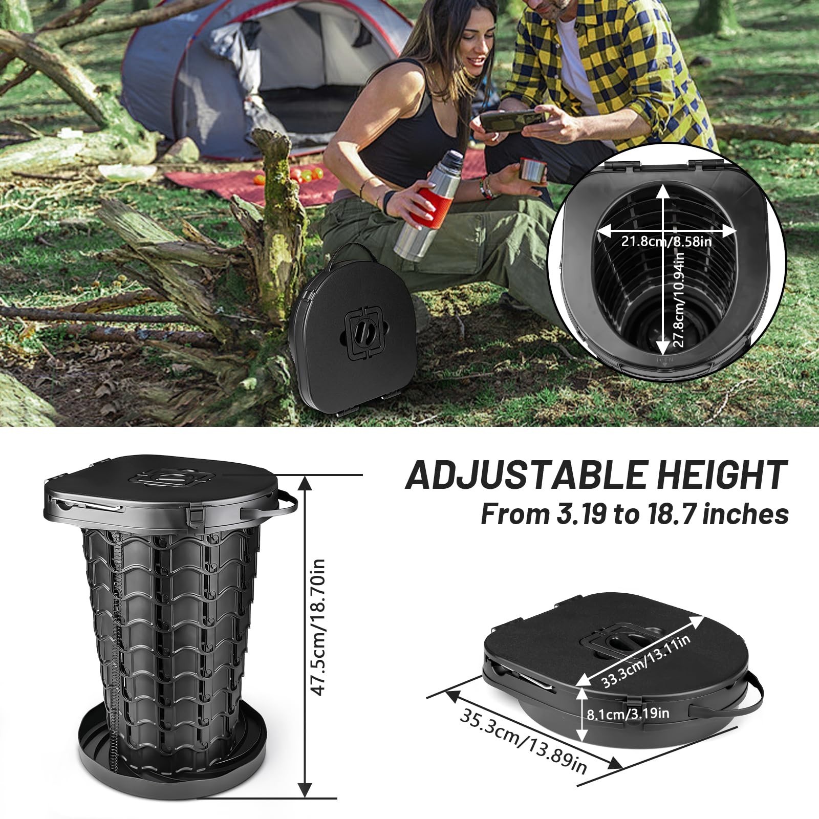 XXL Portable Retractable Camping Toilet – Adjustable Height, 440lbs Capacity, Co