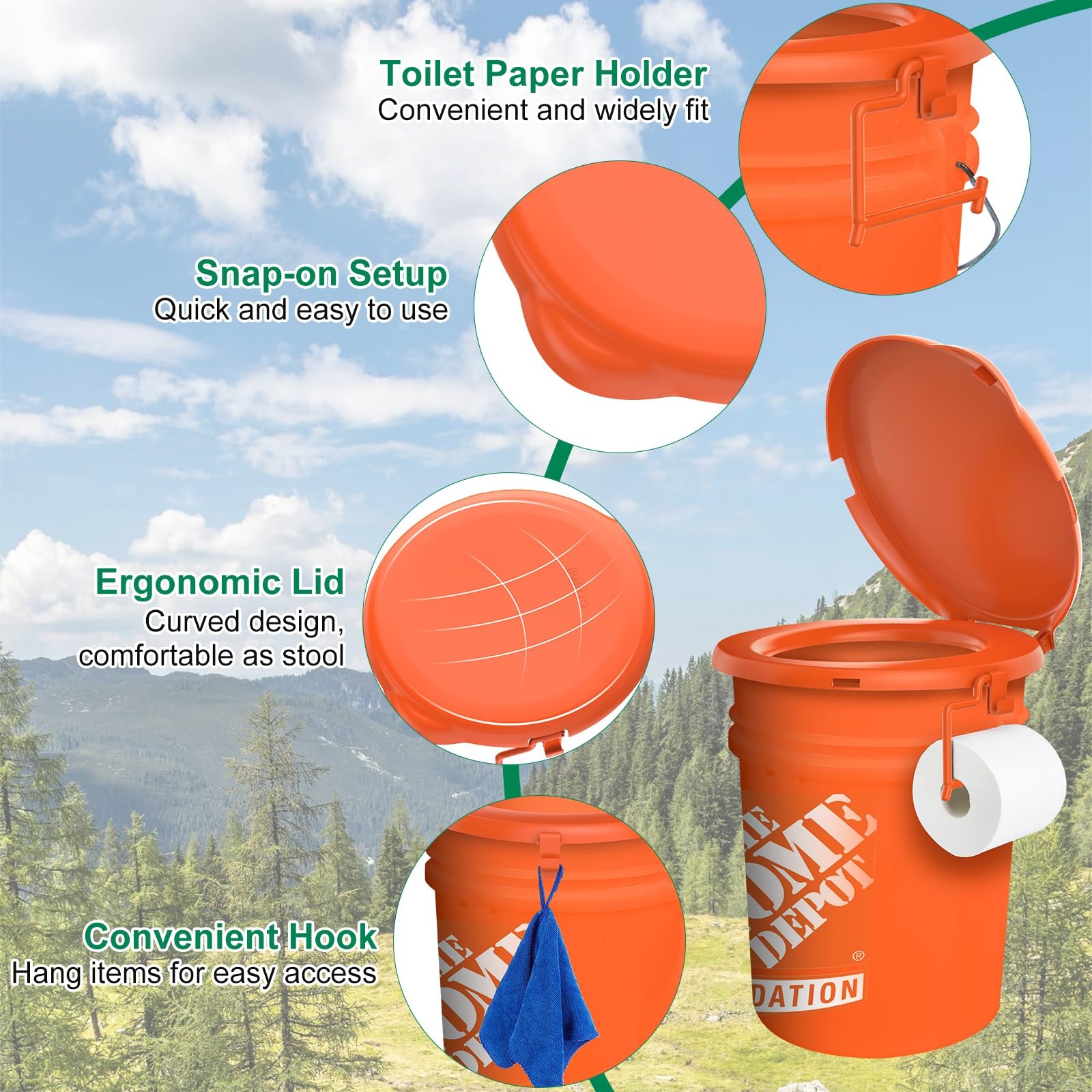 Portable Toilet Seat Orange 5 Gal Bucket Lid Adults Camping Emergency Commode