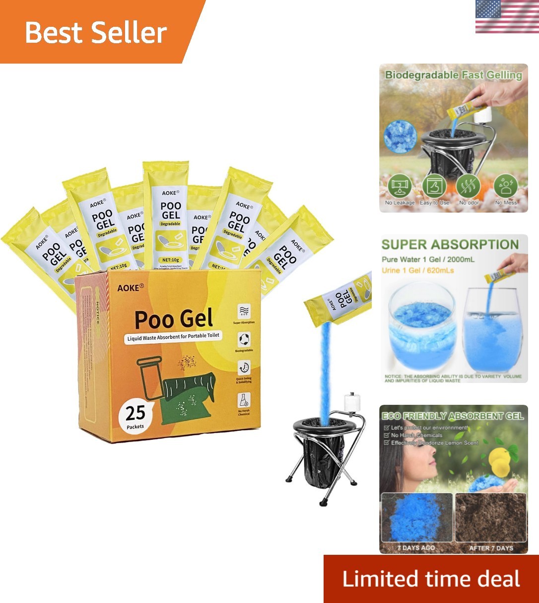 Portable Toilet Absorbent Gel Powder – Lemon 25 Pack Poo Deodorizing Treatmen…