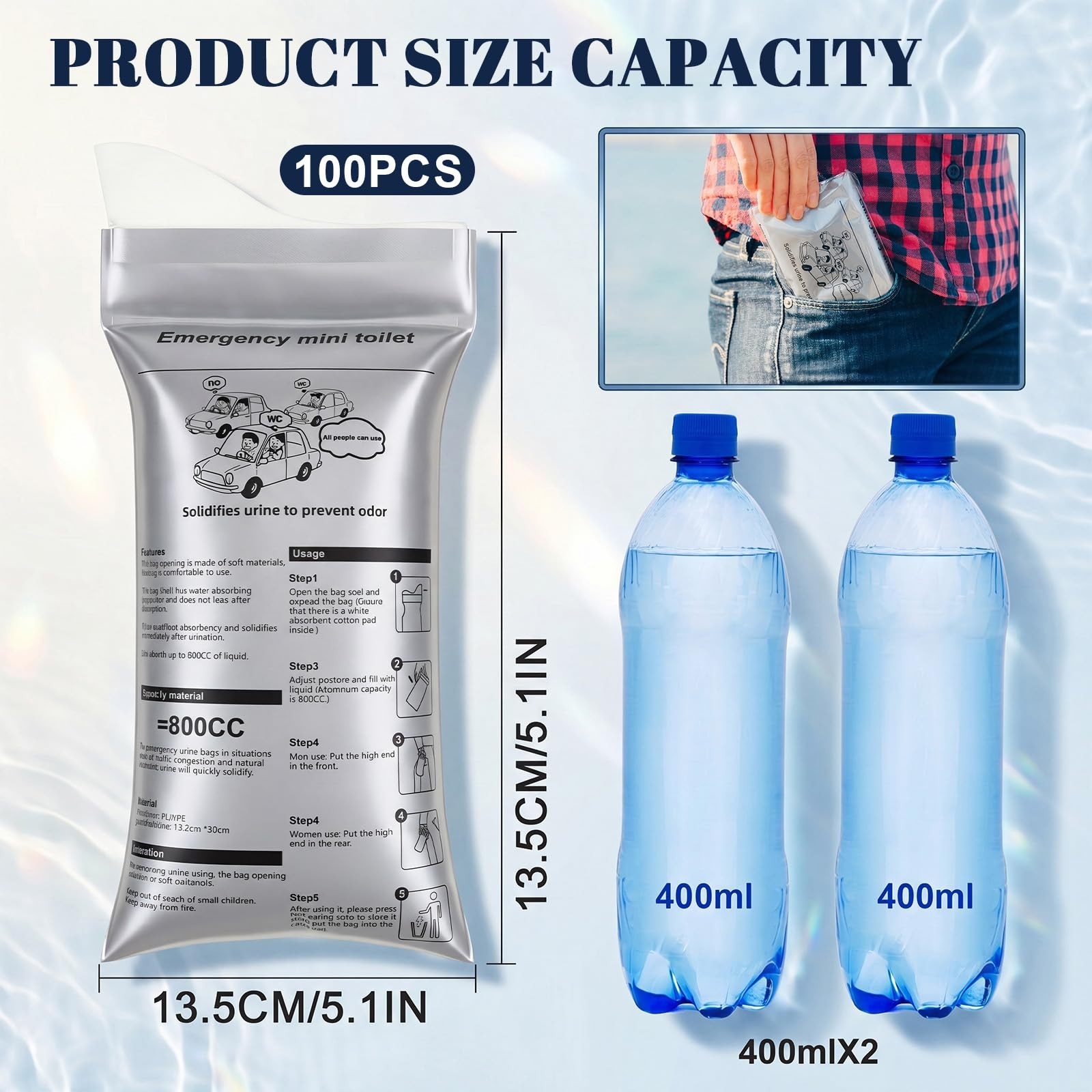50 Pcs Disposable Urinal Bags – Portable Pee Bags for Travel, Camping, Emergency