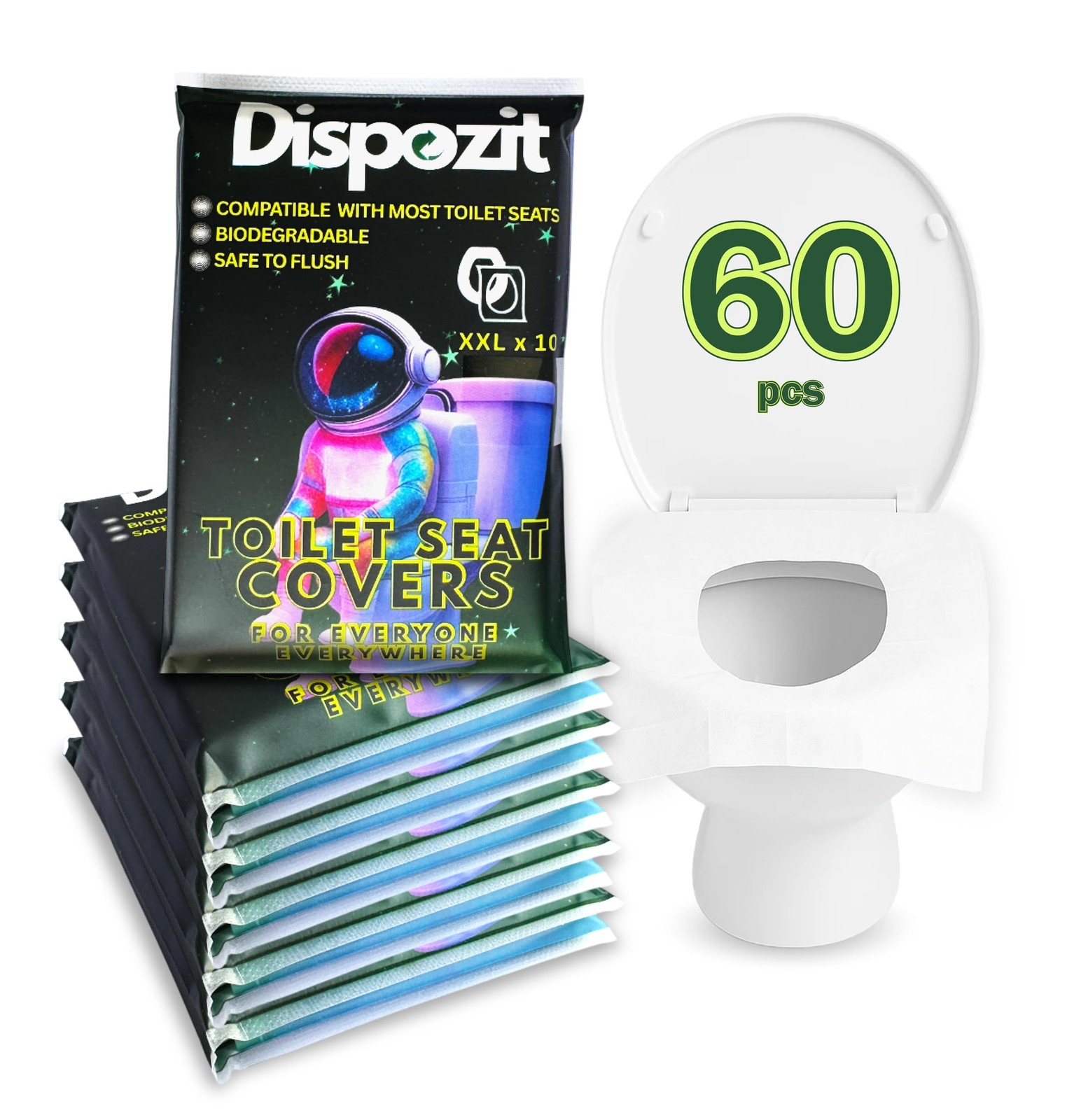 60 Pcs XL disposable flushable toilet seat covers 100% 60 Pcs, White
