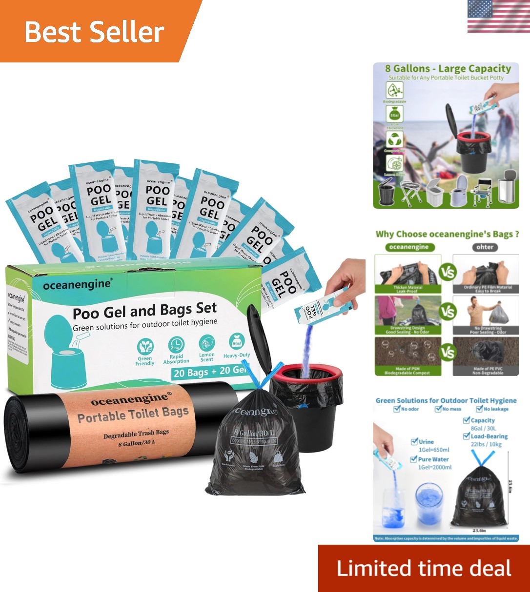 Portable Toilet Bags Poo Gel Set, 8 Gallon Camping Toilet Bags with Portable …