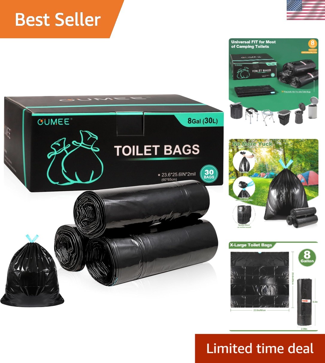 Universal Fit 30 Pack Heavy Duty 8 Gallon Portable Toilet Bags for Camping