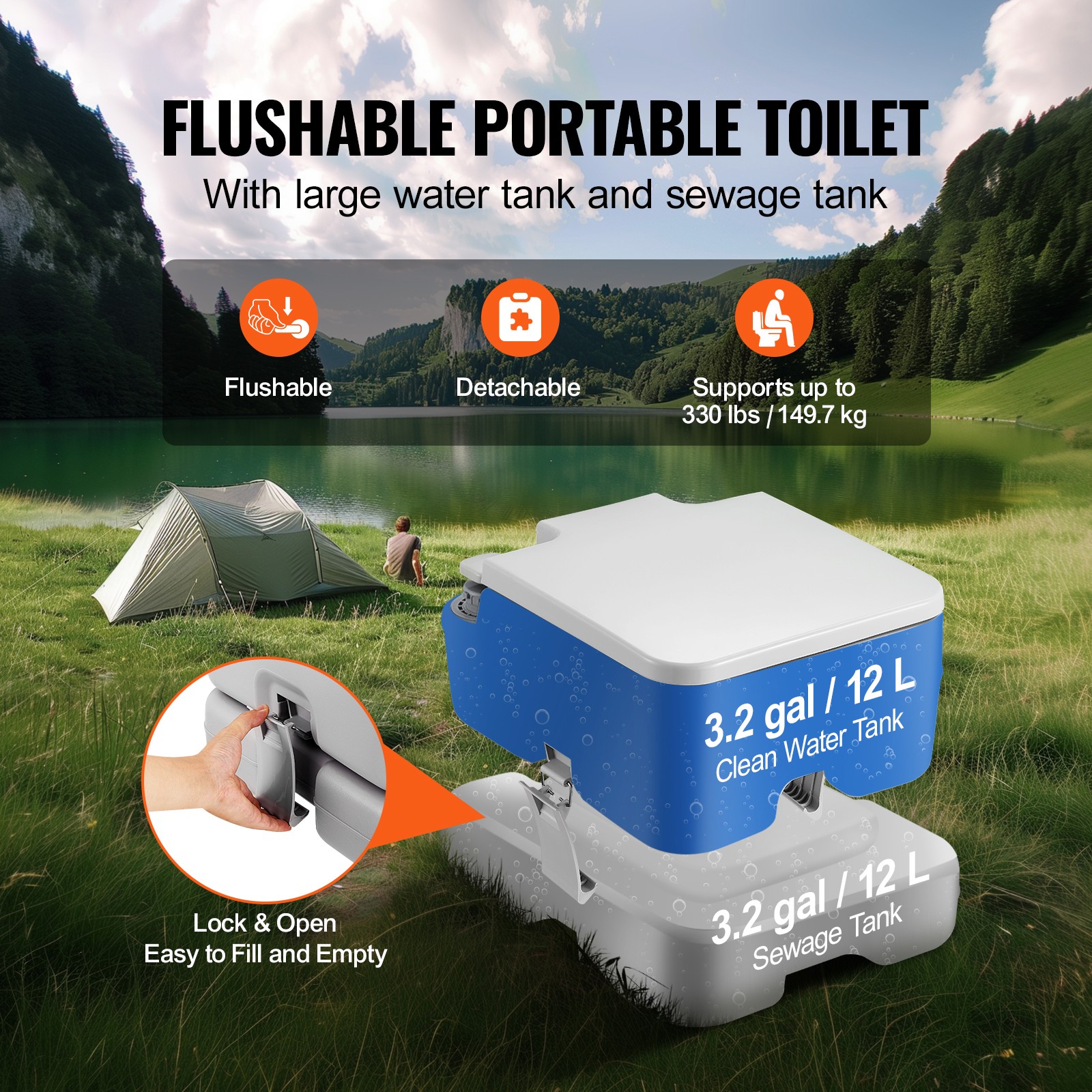 Uimoso Portable Travel Toilet with Flush, 3.2 Gal for Camping and Indoor Use