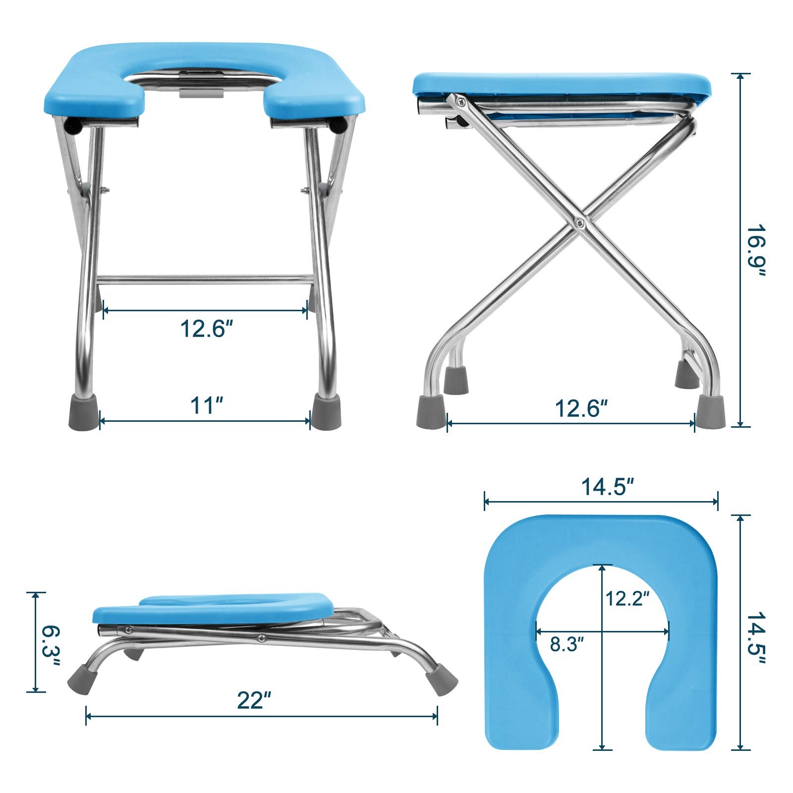 BLIKA U Shaped Portable Toilet for Camping, 400LBS XL Stainless X Large, Blue