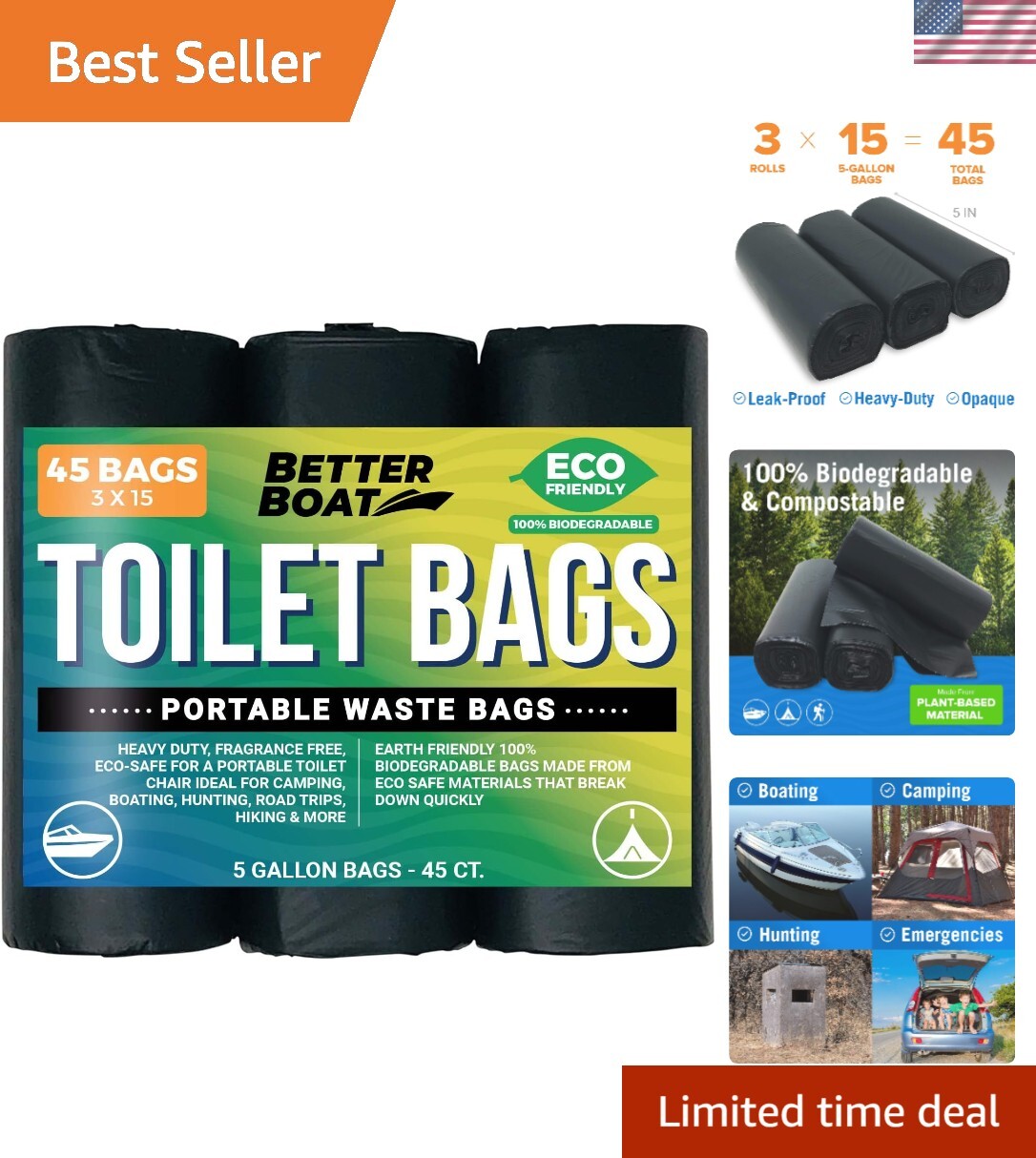45 Biodegradable Toilet Bags – Eco-Friendly 5 Gallon Waste Bags for Camping