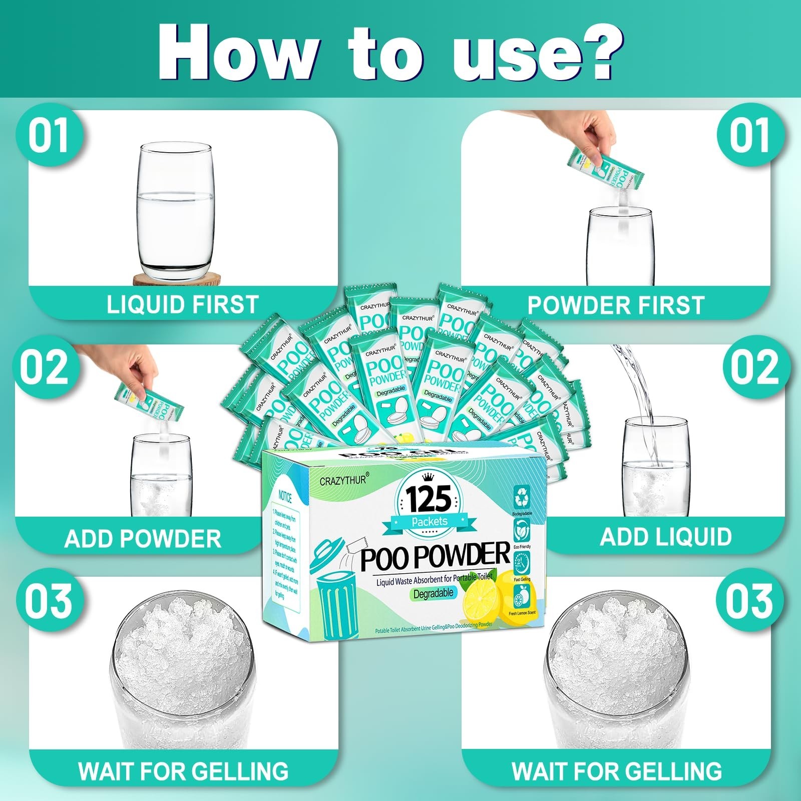 Portable Toilet Gel & Powder for Camping, Hiking, Outdoor Toilets – Easy Clean!
