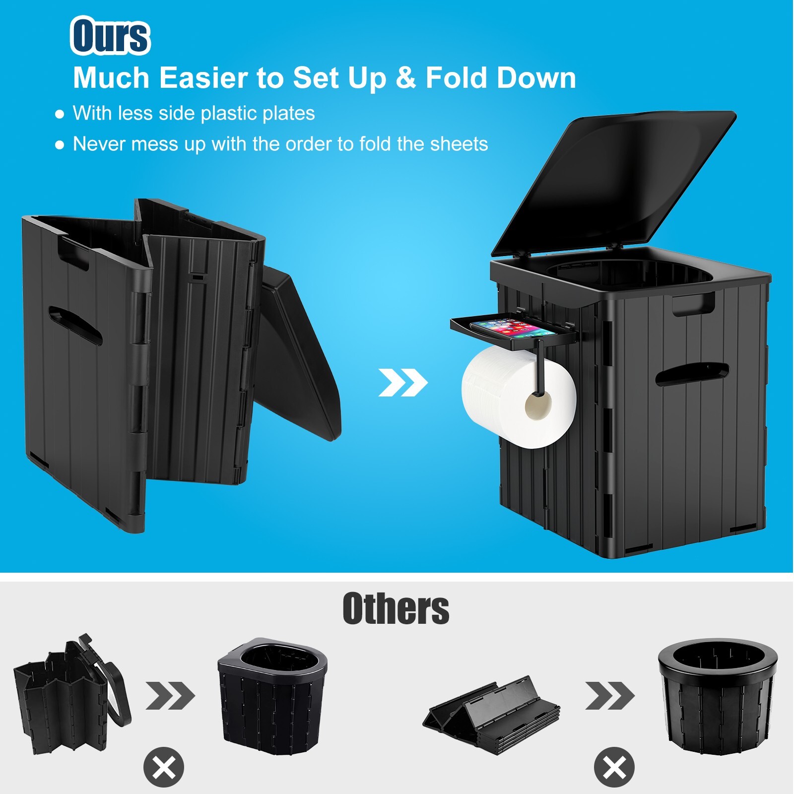XL Foldable Camping Toilet with Detachable Phone Shelf and Toilet Paper Holder