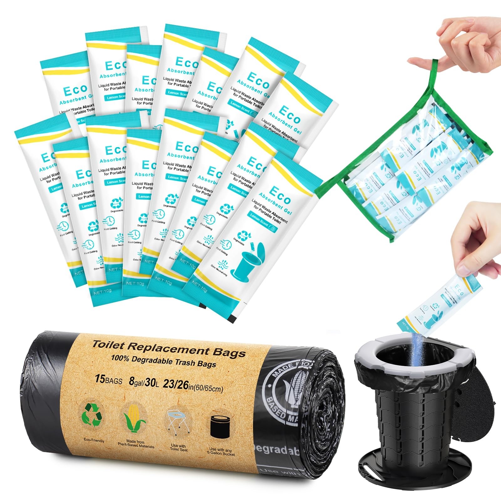 Camping Toilet Bags 15 Count 8 Gallon Heavy Duty 1 Mil – Eco Absorbent Gel Kit