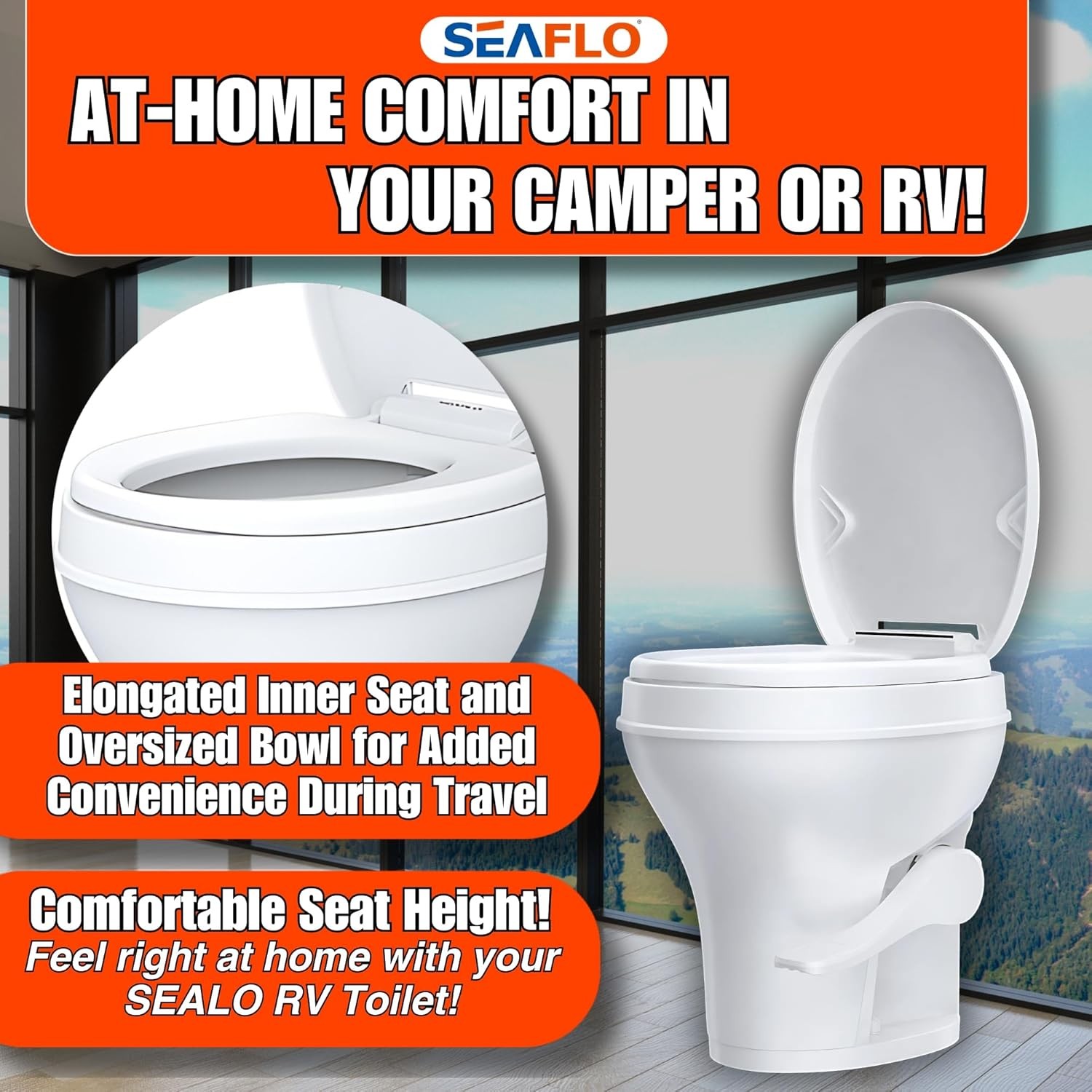 SEAFLO Residential Height Camper/RV Toilet, 18.5” Standard Height, White