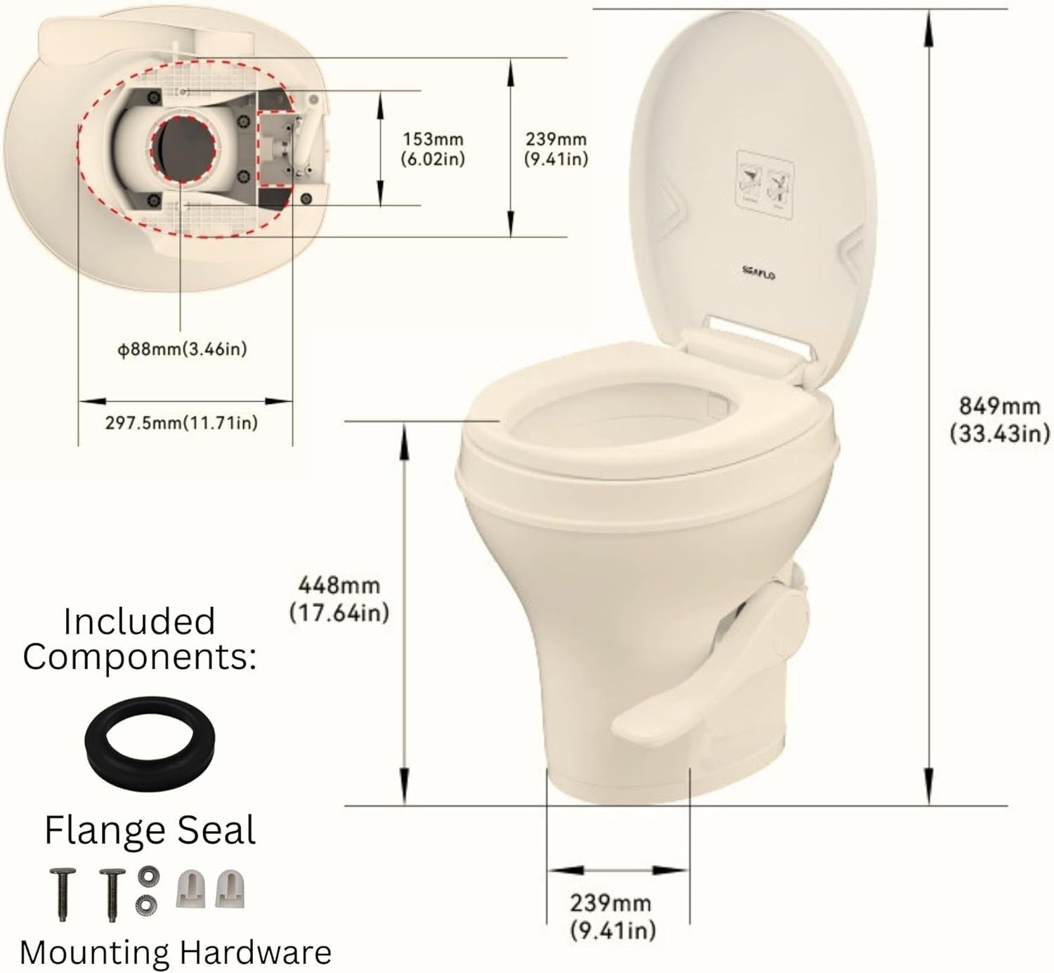 SEAFLO Ceramic Residential Height Camper/RV Toilet with Sprayer Attachment
