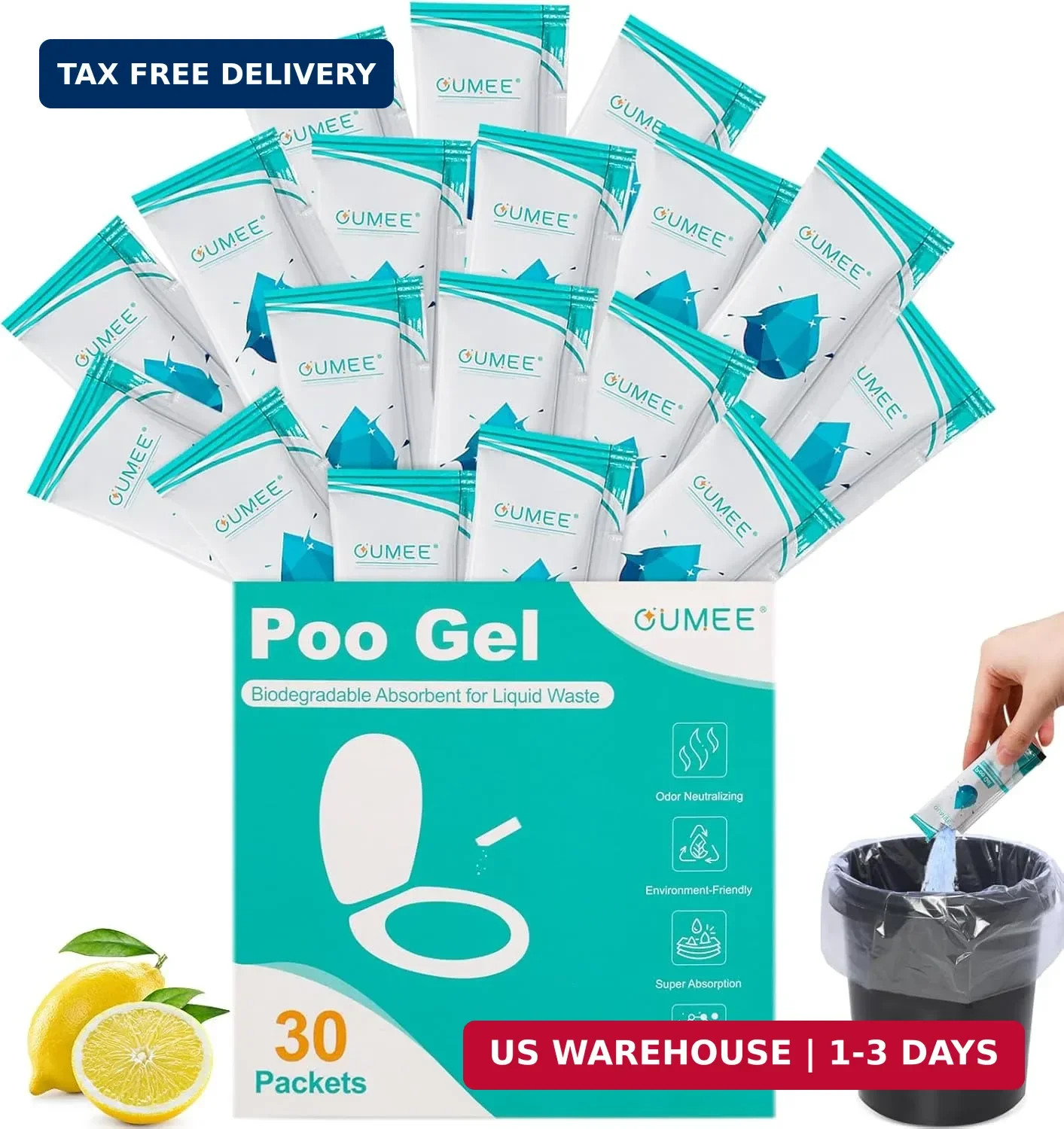 OUMEE Portable Toilet Gel, Poo Gel for Potty, Lemon, 30 Pack | Camping Toilet Po