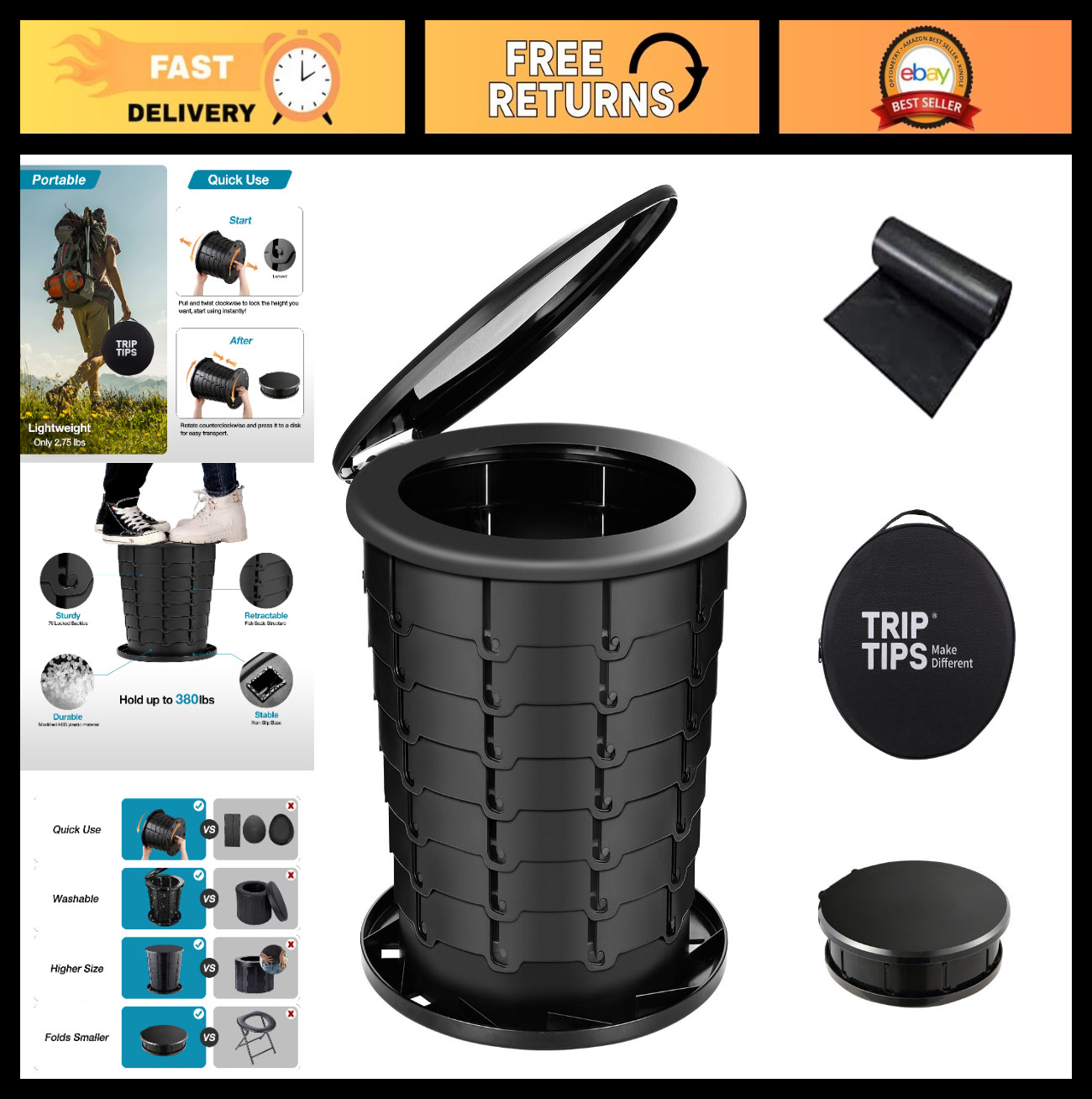 Portable Adjustable Height Travel Toilet – Retractable Camping Potty for Adults