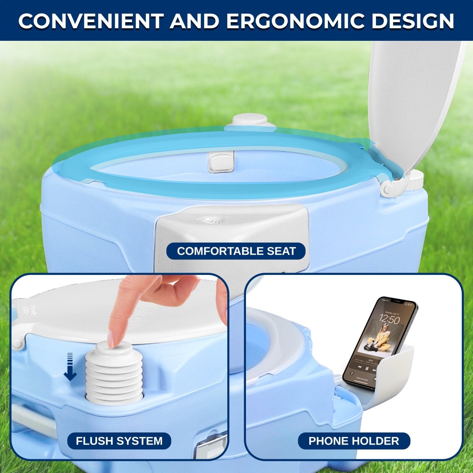 SereneLife 20 Liter Outdoor Portable Toilet w/ Extra Large Seat, Phone Holder