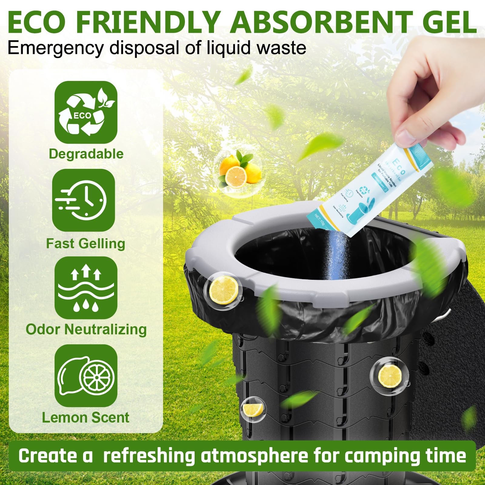 Camping Toilet Bags 15 Count 8 Gallon Heavy Duty 1 Mil – Eco Absorbent Gel Kit