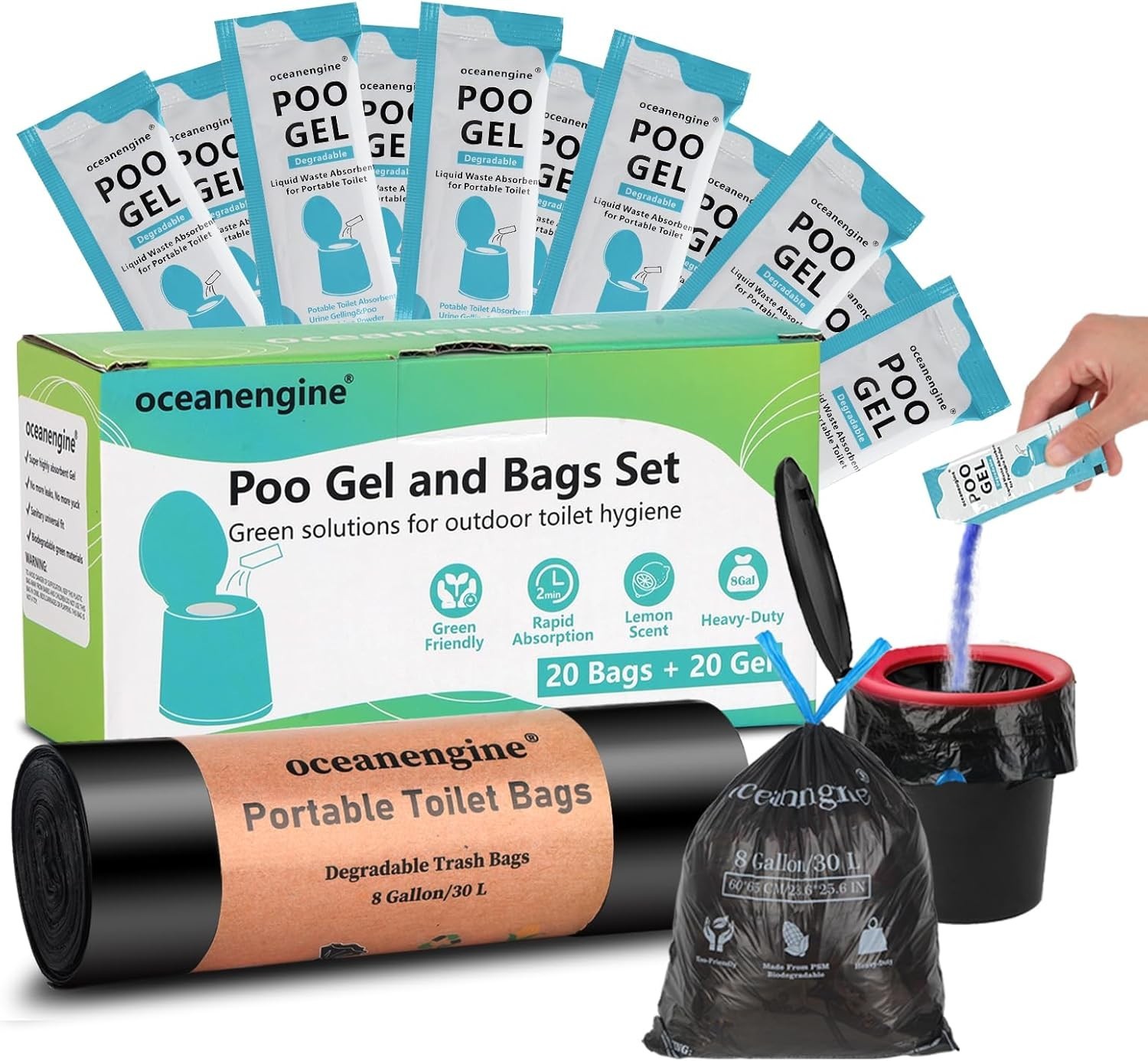 Portable Toilet Bags Poo Gel Set, 8 Gallon Camping Toilet Bags with Portable …