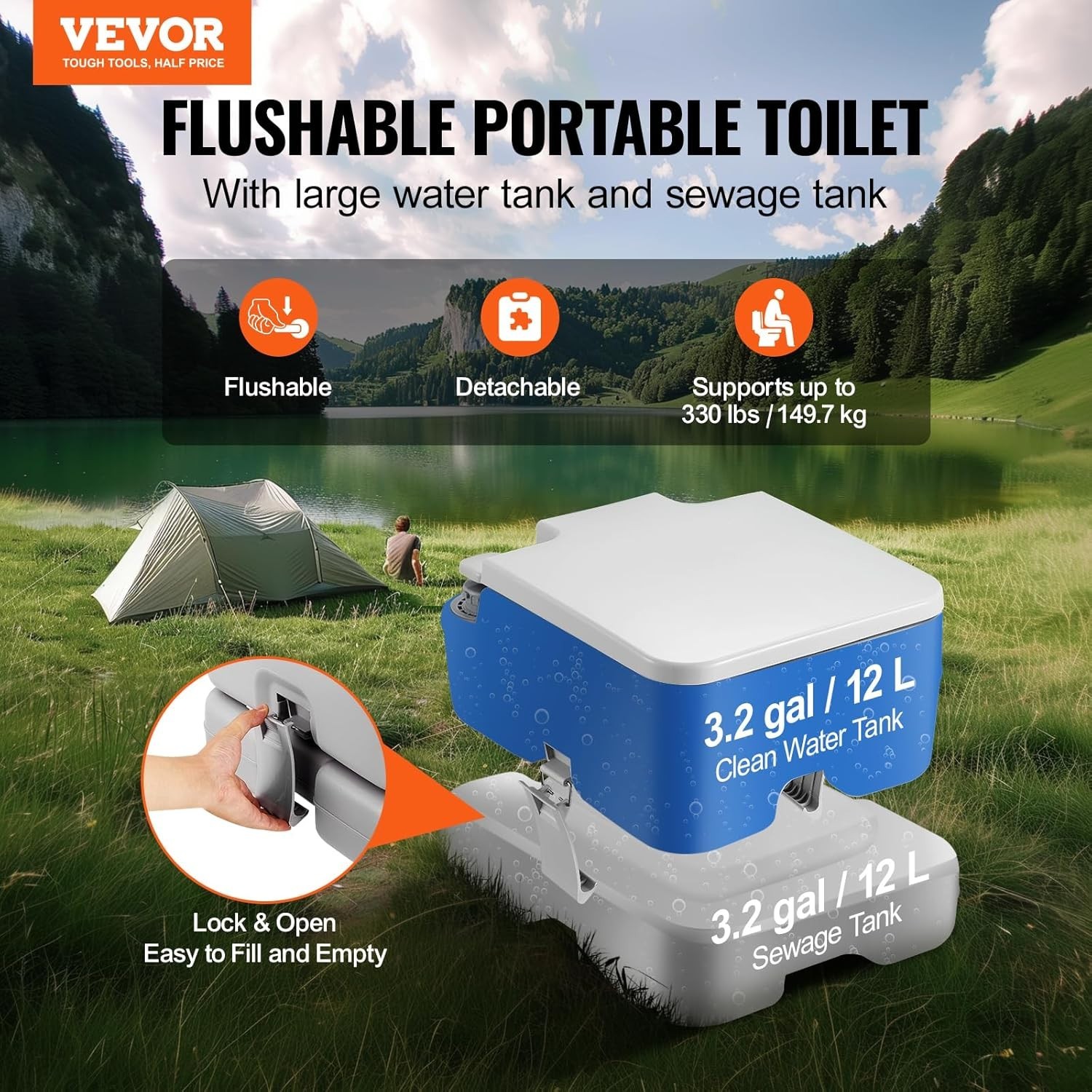 Portable Camping Toilet with 3.2 Gal Waste & Flush Tanks, Pressurized Flush, …