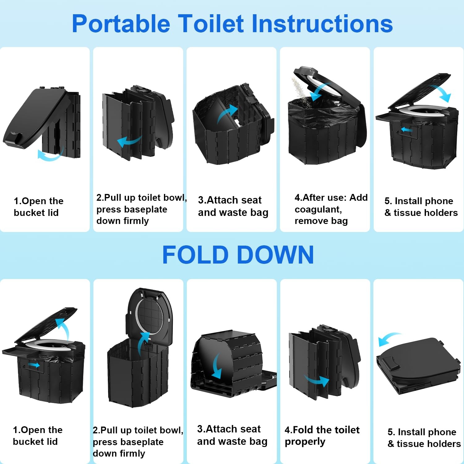 Portable Adult Camping Toilets Li Ion Foldable Travel Portable Potty for