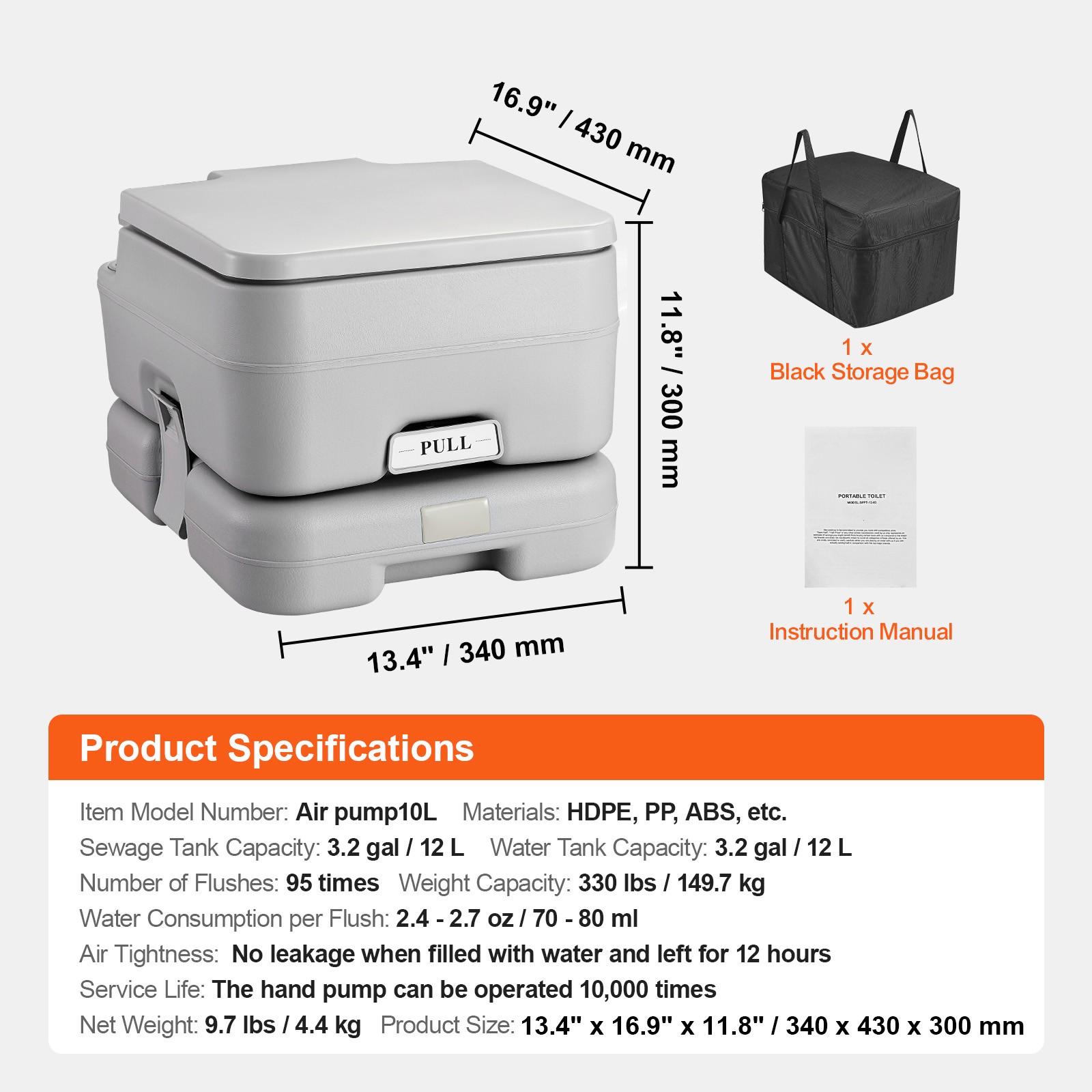 VEVOR Portable Toilet Flush Travel Camping 3.2 Gal Commode Potty Outdoor Indoor
