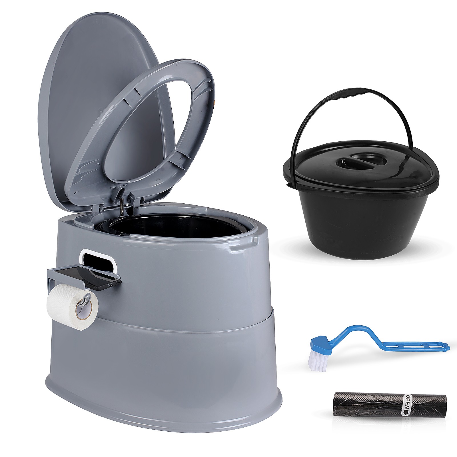 Portable Camping Toilet with Detachable Phone Shelf and Toilet Paper Holder