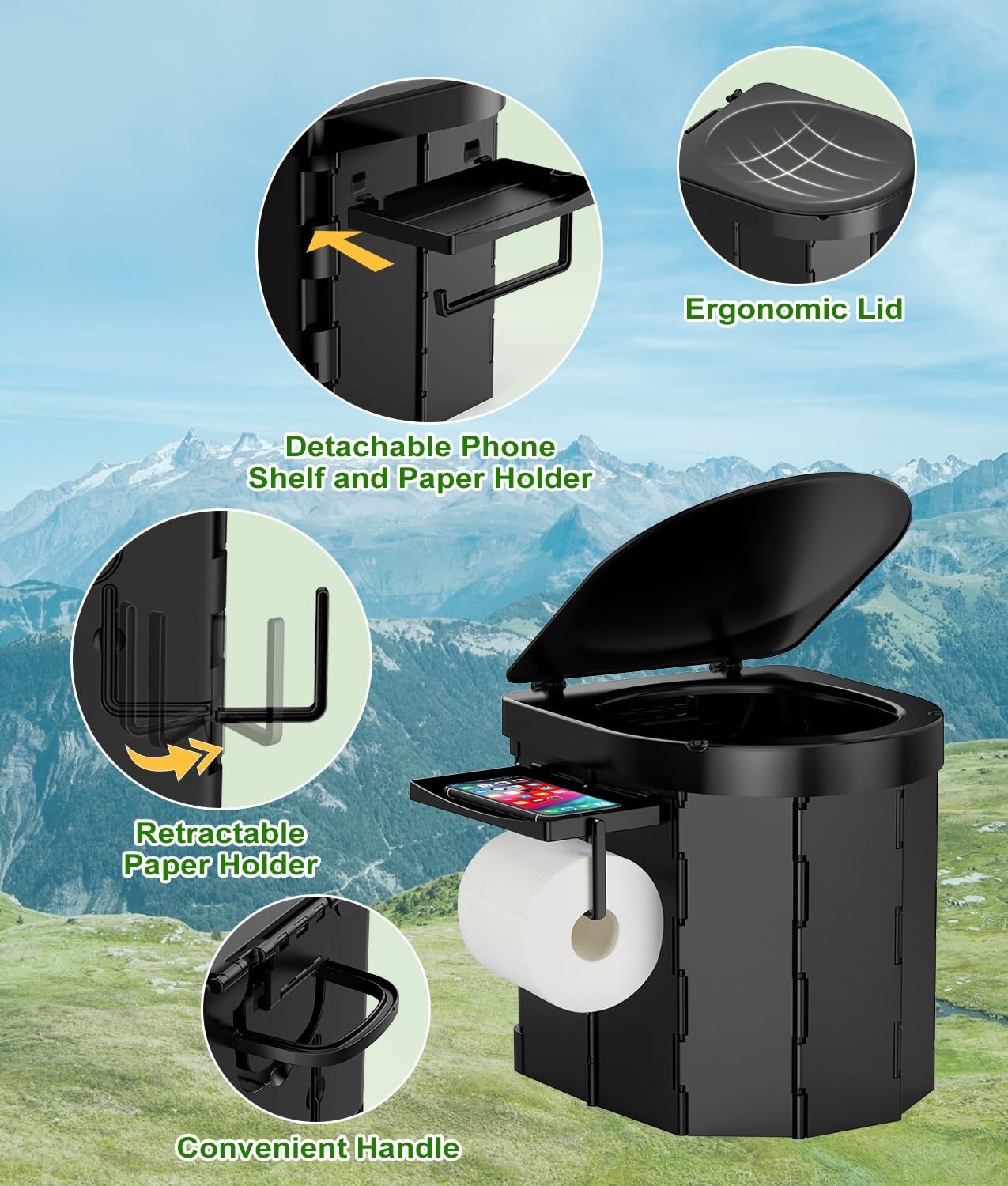 Portable Camping Toilet with Privacy Popup Tent 2-in-1 Phone Shelf &Paper Holder