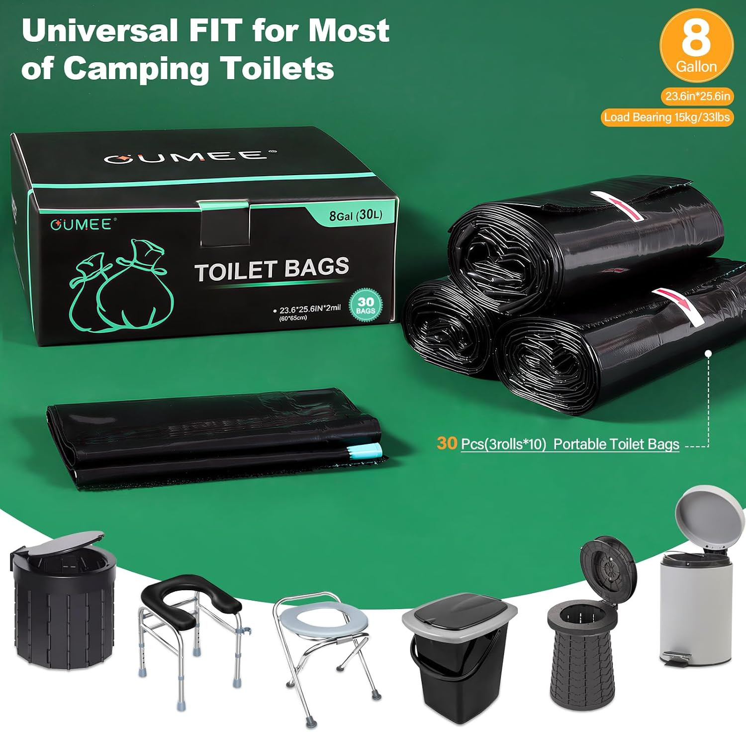 30 Pack Camping Toilet Bags, 8 Gallon Portable Toilet Bags, Toilet Waste Bags