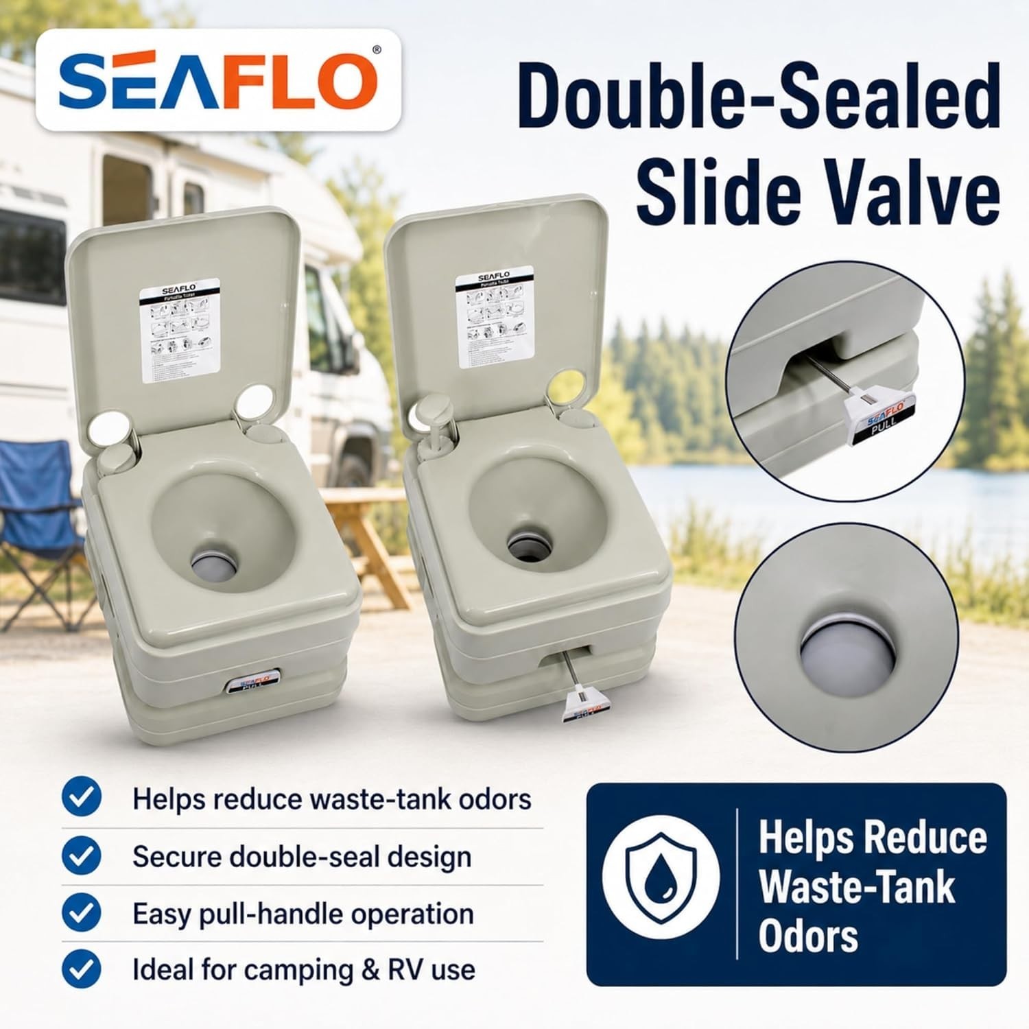 Portable Camping Toilet, 5.3 Gal Waste, 3.4 Gal Fresh, 440lb, 100 Flushes