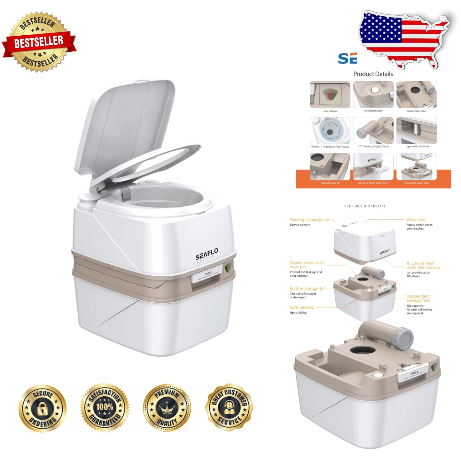 Portable Toilet 4.8 Gal RV Boat Camping 4-