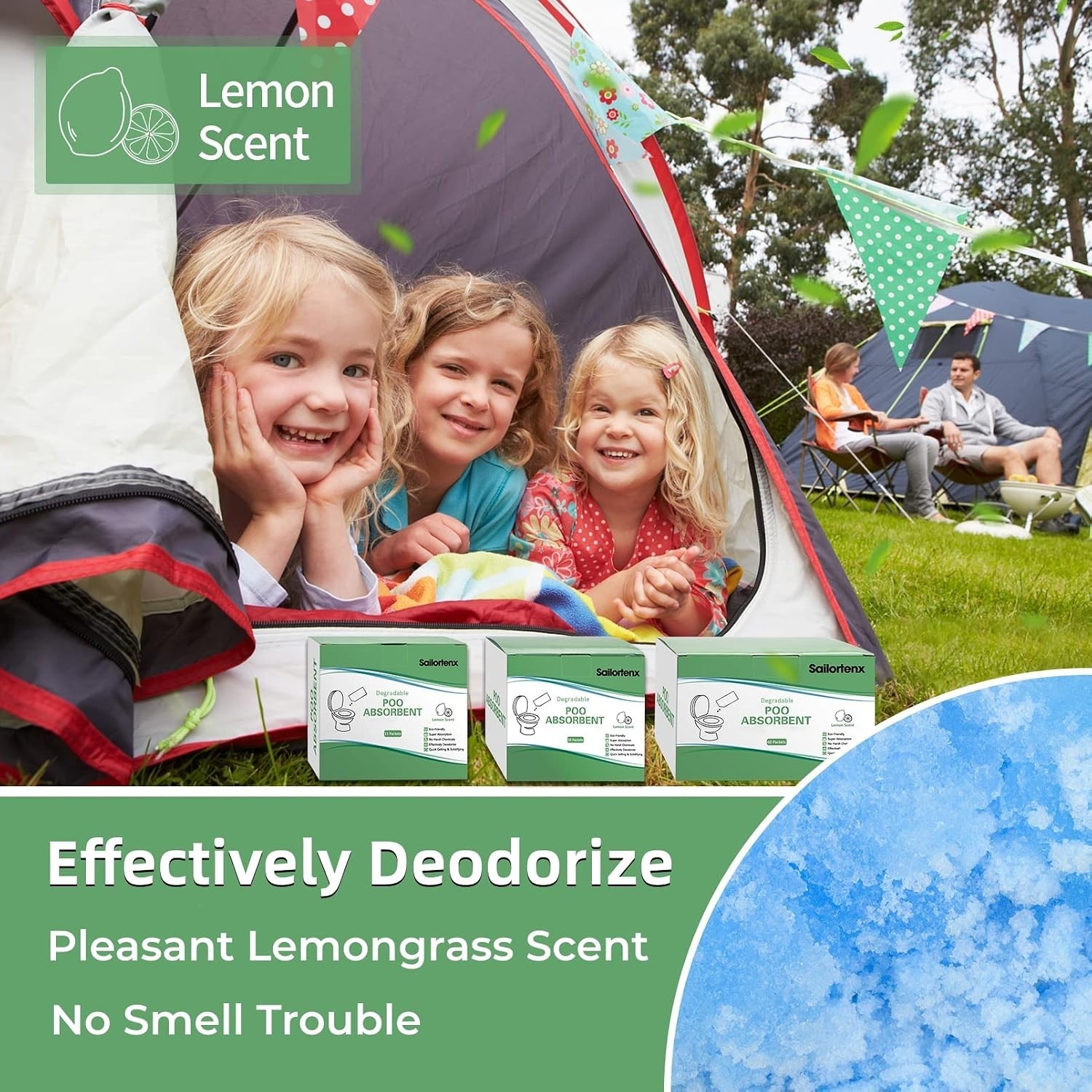 Eco-Friendly Poo Absorbent Gel for Portable Toilets – 15 Lemon Scent Packs