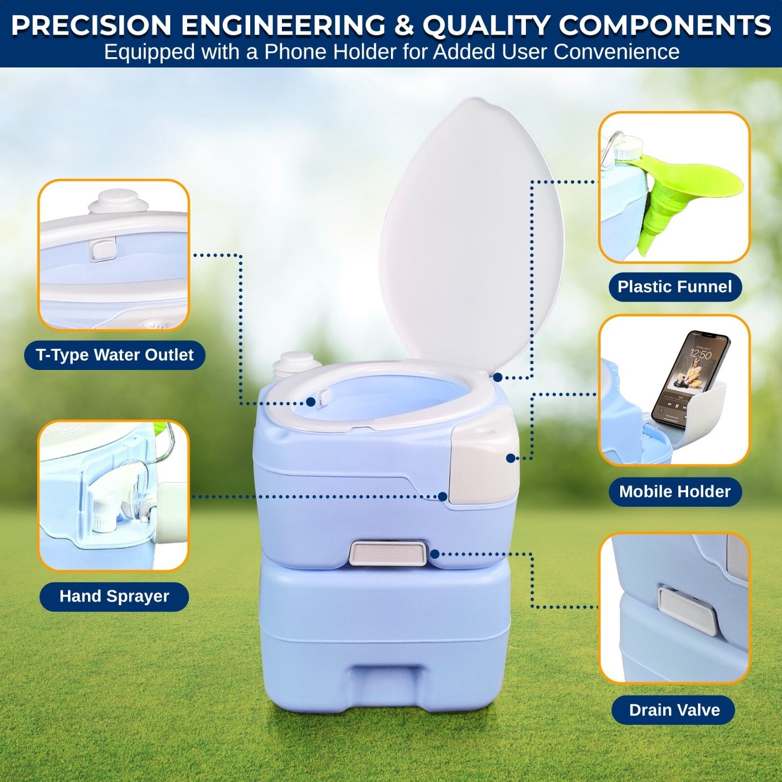 SereneLife 20 Liter Outdoor Portable Toilet w/ Extra Large Seat, Phone Holder
