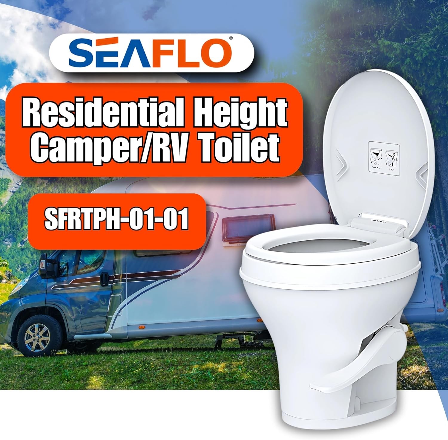 SEAFLO Residential Height Camper/RV Toilet, 18.5” Standard Height, White