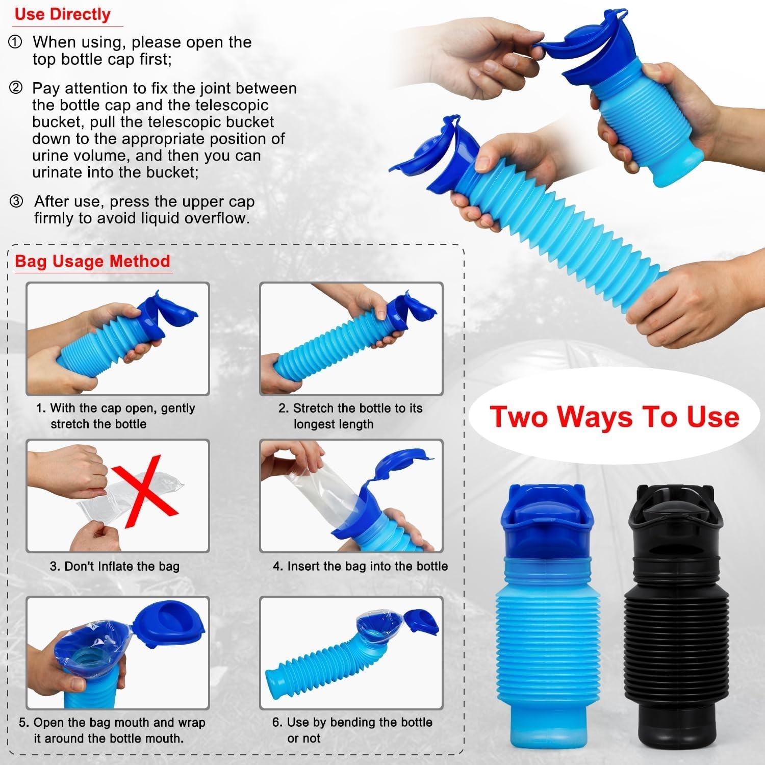 Portable Urinal Bottle 2 Pack 750ml Leakproof Car Travel Pee Bottle Blue Black