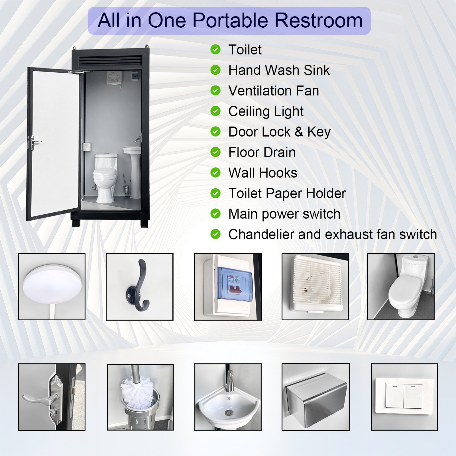 Heavy Duty Steel Portable Toilet Cabin Outdoor Restroom with Sink Light Vent Fan
