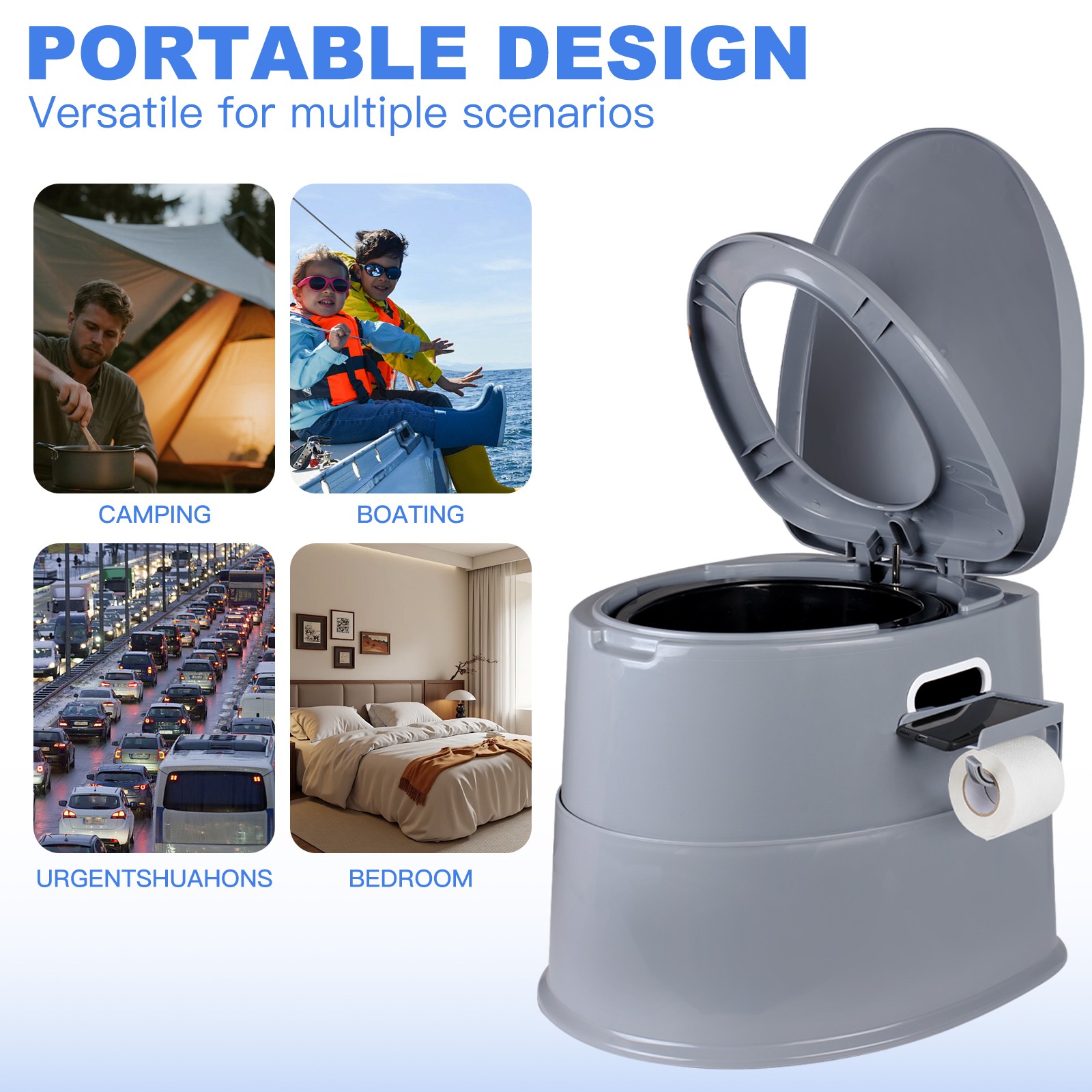 Portable Camping Toilet with Detachable Phone Shelf and Toilet Paper Holder