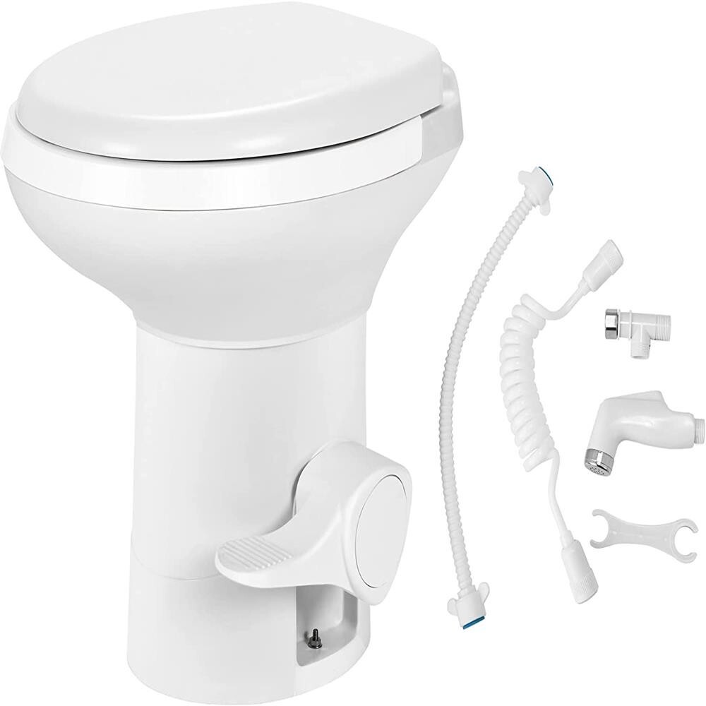 SereneLife RV Plastic Bowl Gravity Flush Toilet w/ Hose Connector, Hand Sprayer
