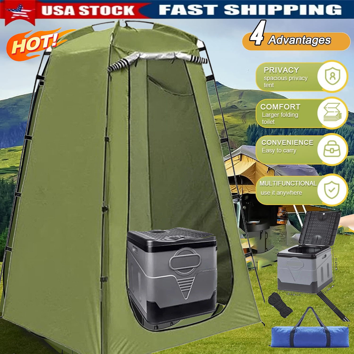 Portable Toilet Kit, Fold Camping Toilet with Pop-Up Privacy Tent Changing Rooms