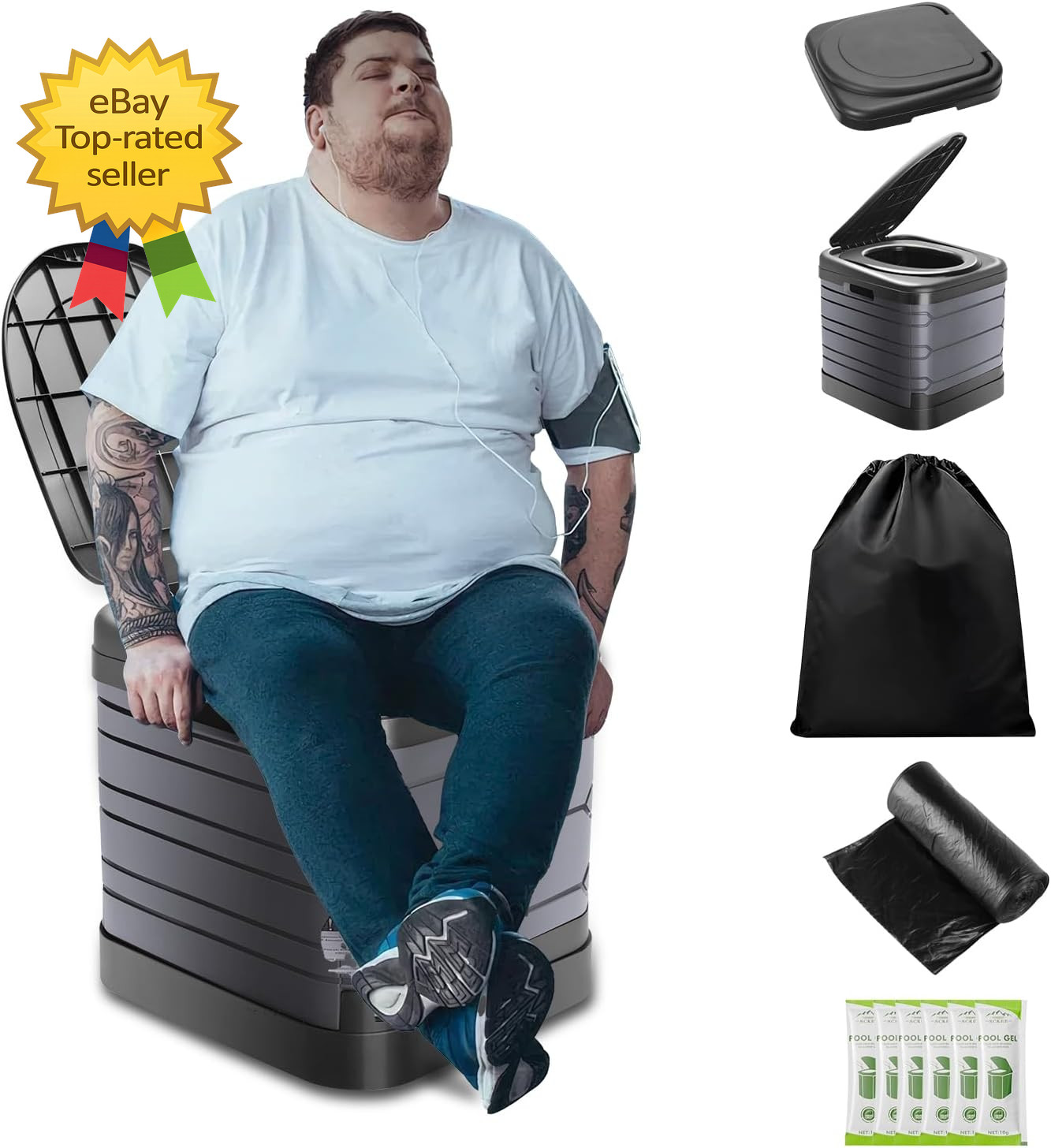 XXL Portable Camping Toilet 16 Inch Tall with Lid Carry Bag Heavy Duty Potty«`
