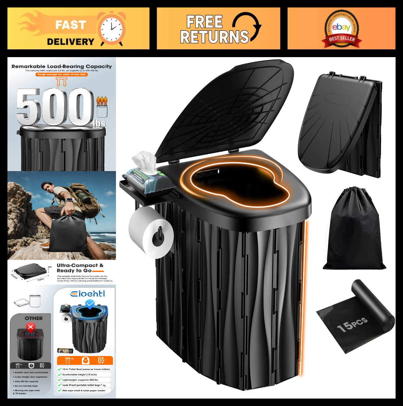 Upgraded 15″ XL Portable Toilet for Camping, RV, Hiking, 500 LBS Capacity, Lid &