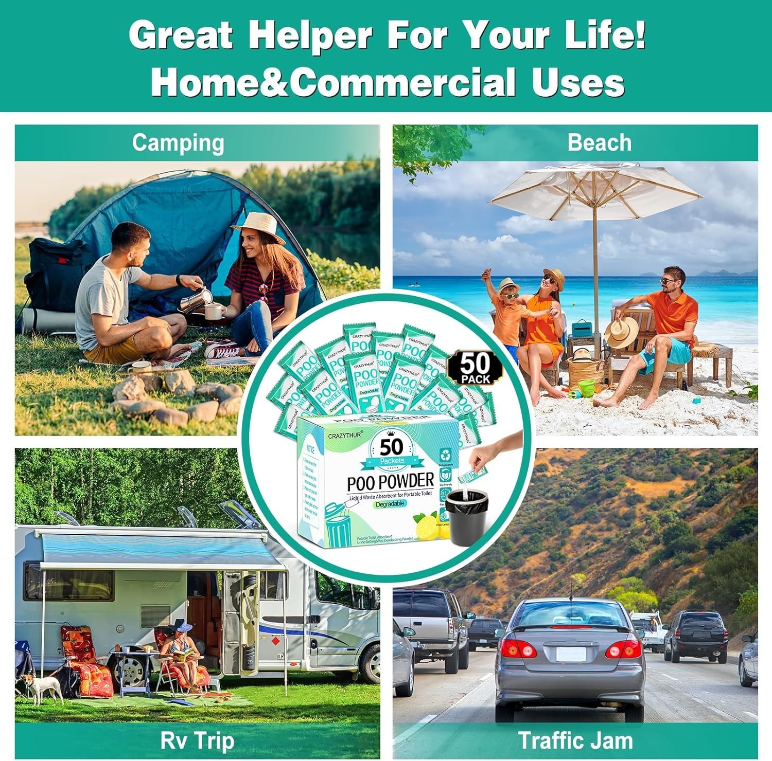 Eco-Friendly Portable Toilet Gel, 50 Lemon-Scented Packets for Camping
