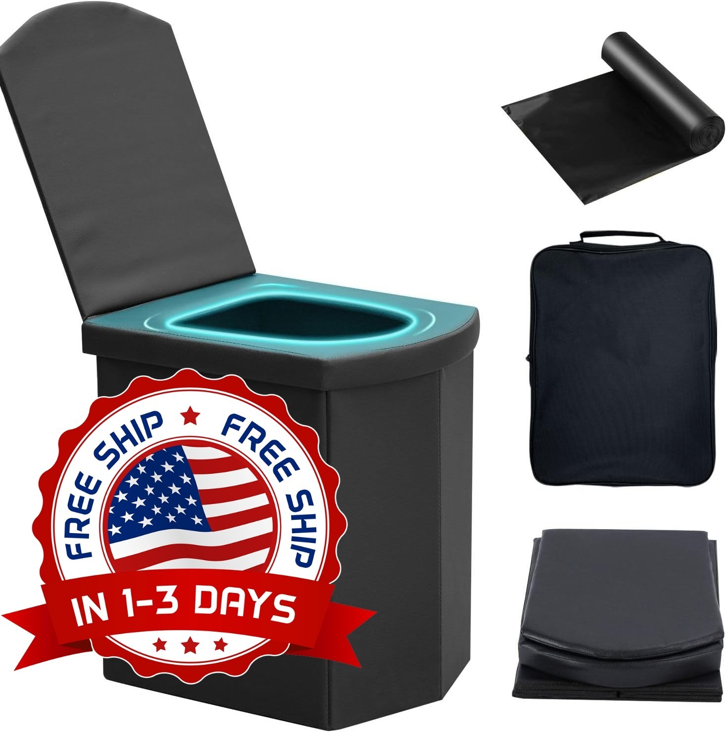Inodoro Portátil Para Acampar, Inodoro Plegable Para Adultos Con Tapa, Negro NEW