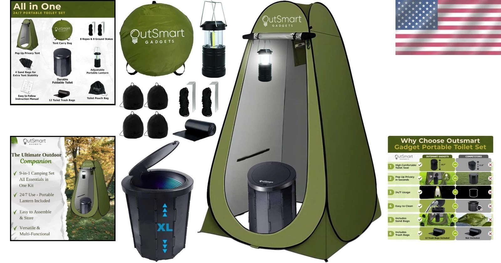 Portable Camping Toilet Set with Privacy Tent & Lantern
