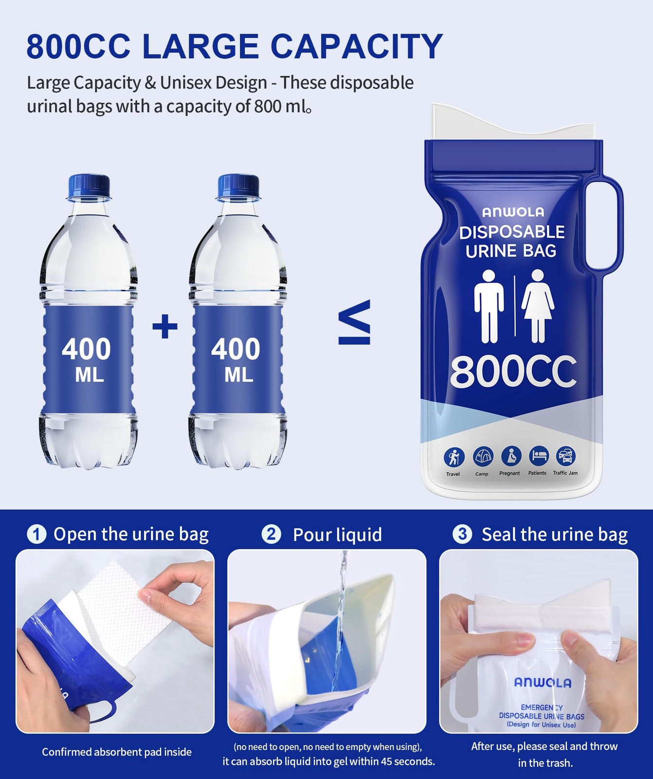 Disposable Urine Bags with Handle, 12 Pack 800ml Pee Bags for Travel for Men …