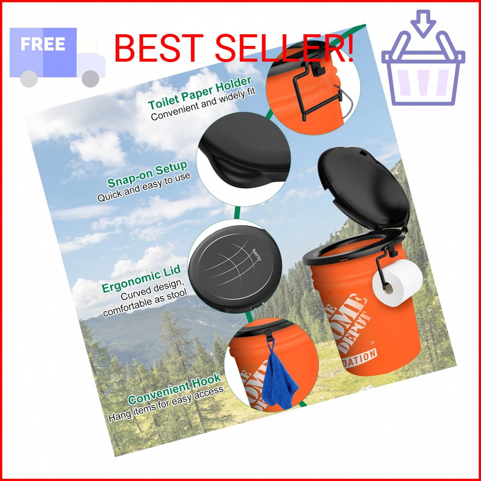 Portable Toilet Seat for 5 Gal Buckets, Camping Toilet with Lid for Adults, Snap